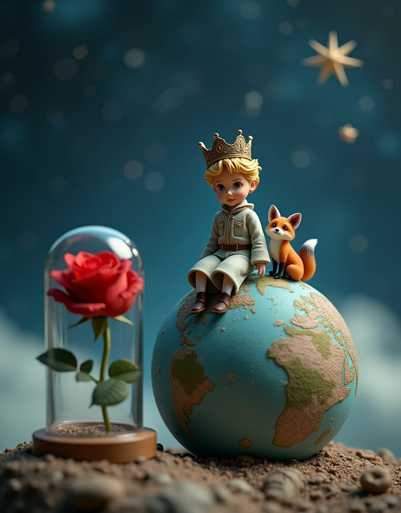 ((photorealism,  large macro photography , clear focus,8k rendering, amazing quality,  high detail,HDR)) : ((1little planet ))  with 1 prince standing on(  prince's clothes and the crown ,the boy prince ),  next to him sits on the back lights of a 1fox  ( 1 funny cool , like a real one)  and in front of them, 1 red rose grows on a long stem in a transparent flask closed from above, ((in a large transparent glass flask (bottom up )   standing on a long stem ))  close-up, ,((  based on the work “Little Prince” by Antoine de Saint Exupery))  behind space  ,stars,constellations, blurred background .