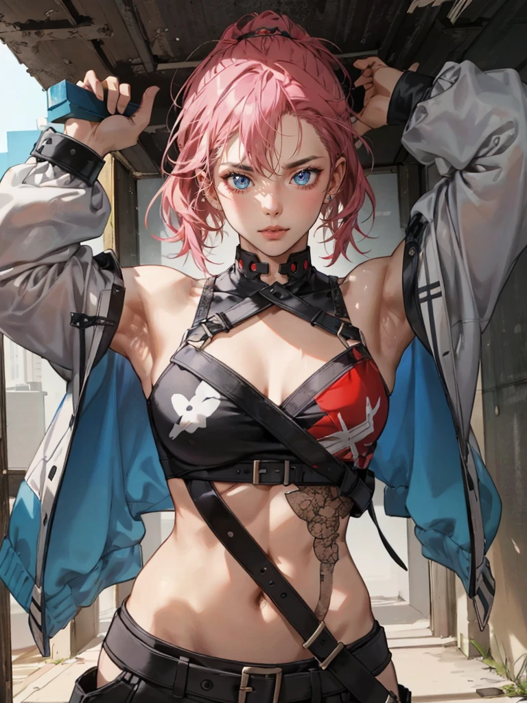 (Top quality、8K、32k、masterpiece、north african trade zone:1.Reality:1.4),Portrait of 18 year old punk girl,Delicate eyes、,Weird punk hairstyle,Radical punk fashion,Vest、weird makeup、Pink Hair,、There are many tattoos on the body,、Street background、backlight effect、Depth of Field,Background blur,,,,,,,,,,,, Large Breasts,Beautiful breasts、Huge breasts:1.4 Huge breasts:1.4,Full, straight breasts,Showing cleavage,Nipple protrusion,Belly button,Thigh straps