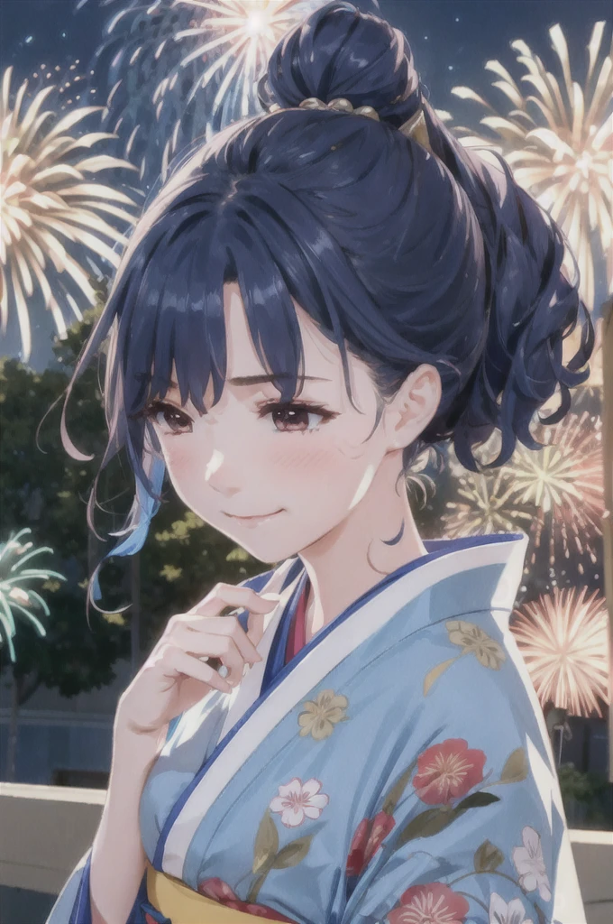 1girl, blue hair, smile, medium hair, night, outdoor, looking away indoor, closed mouth, bangs, blush, upper body, japanese clothes, kimono, obi, ponytail, hair ornament, flower ornament, aerial fireworks, fireworks,
