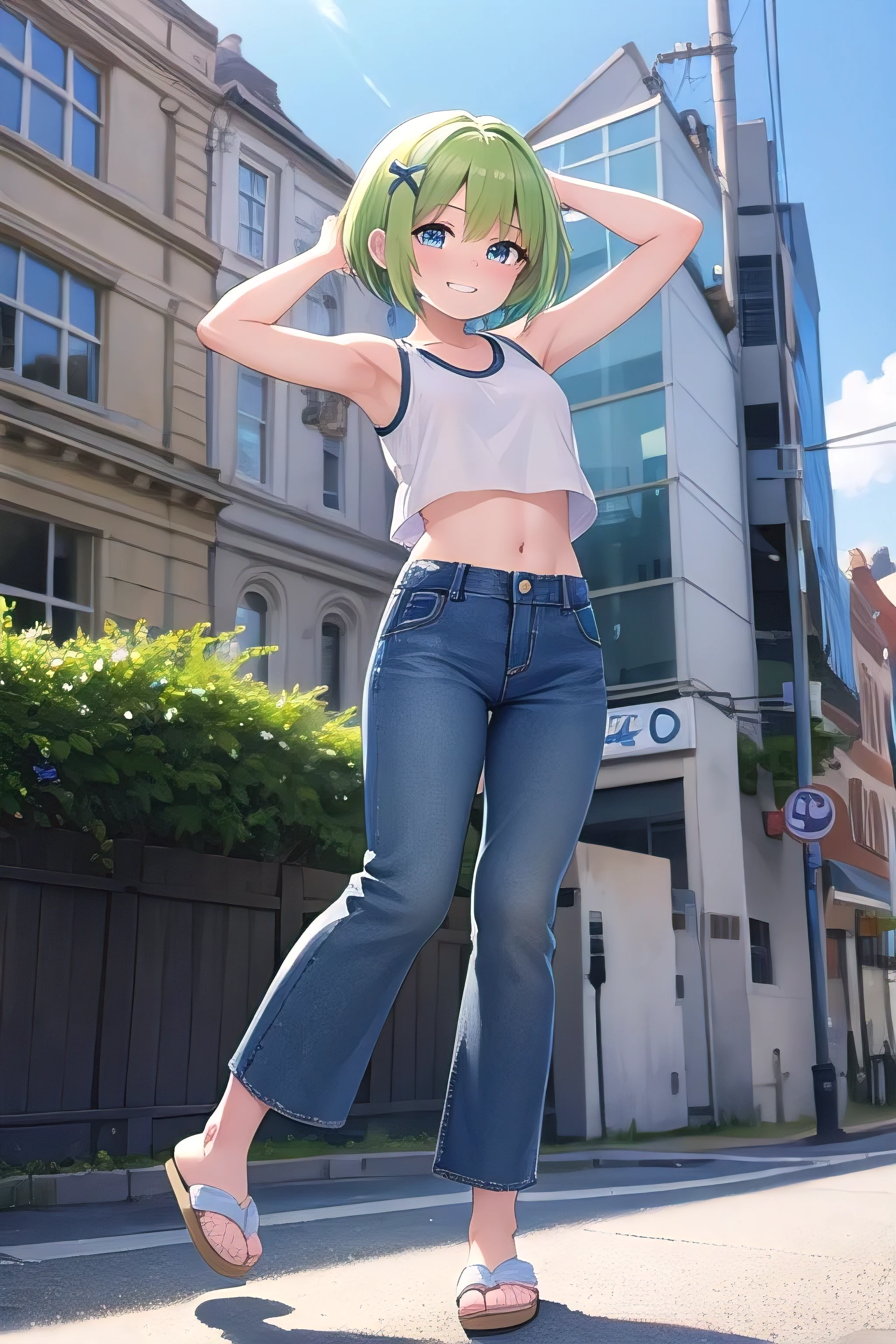 masterpiece,best quality,ultra detail,1girl, ****,***ite,smile happy, on the building, bright, sunshine, short hair, blue eyes, green yellow hair, hair ornament, ribbon hair ornament, Raise your arms and behind your head,White teeth, white tank top, croptop, jeans pants, (flares jeans 1:1), blue jeans, slippers, whole body,