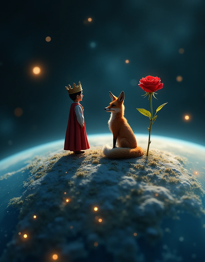 ((photorealism,  large macro photography , clear focus,8k rendering, amazing quality,  high detail,HDR)) : ((1little planet ))  with 1 prince standing on(  prince's clothes and the crown ,the boy prince ),  next to him sits on the back lights of a 1fox  ( 1 funny cool , like a real one)  and in front of them, 1 red rose grows on a long stem in a transparent flask closed from above, ((in a large transparent glass flask (bottom up )   standing on a long stem ))  close-up, ,((  based on the work “Little Prince” by Antoine de Saint Exupery))  behind space  ,stars,constellations, blurred background .