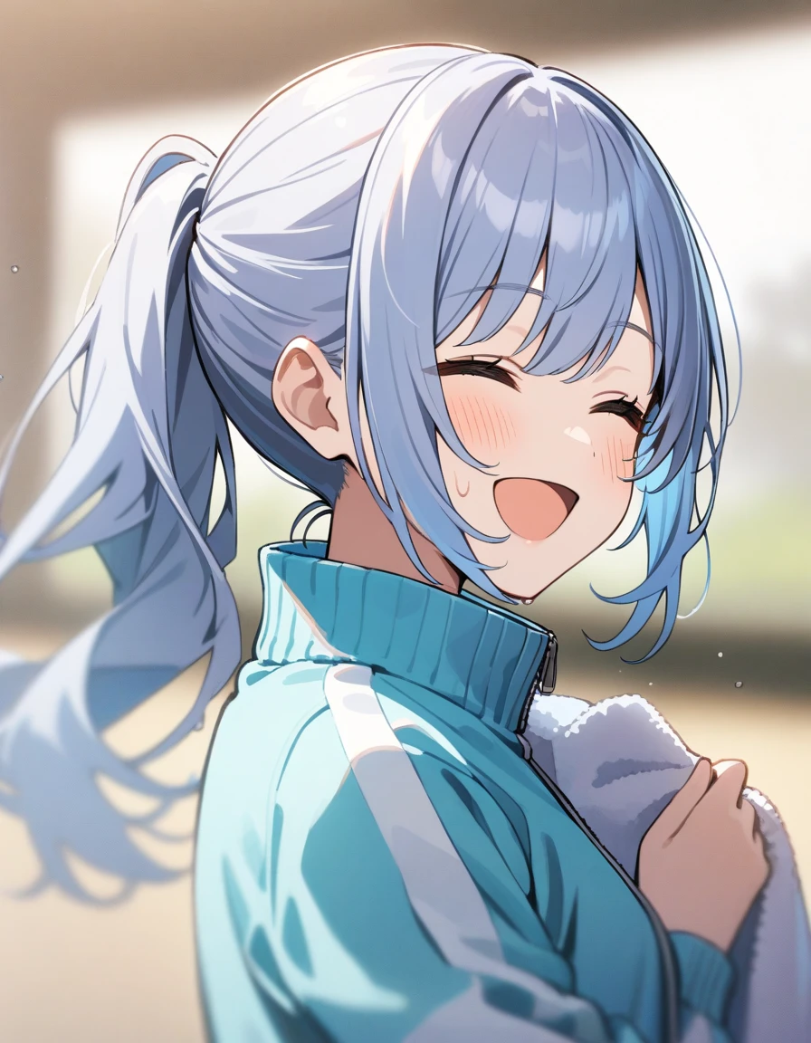 h_suzuki, 1girl, solo, closed eyes, ponytail, smile, open mouth, bangs, blush, sweat, from side, jacket, long hair, upper body, :d, blue jacket, track jacket, ^_^, blurry, blurry background, portrait, towel
masterpiece, best quality, very aesthetic, absurdres 