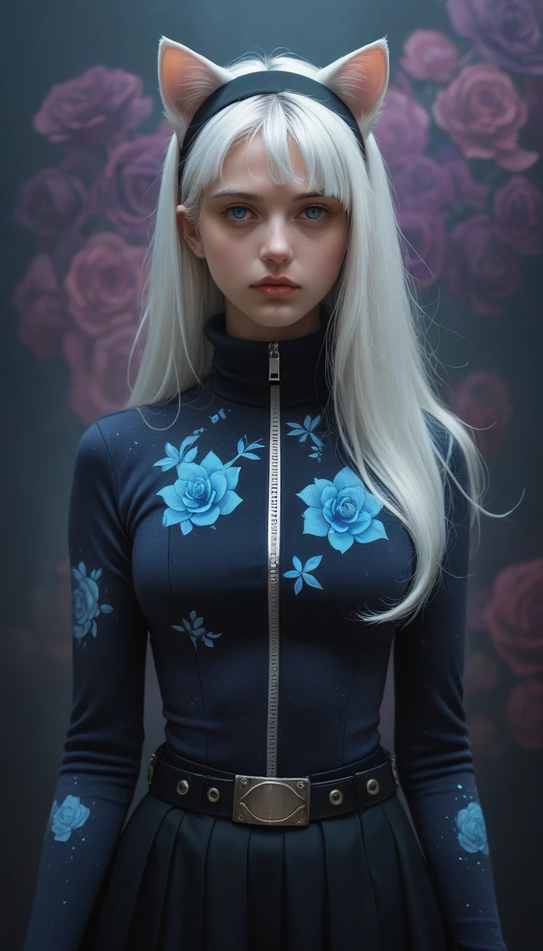 This photo shows、 configuration 。, white hair, Sophisticated style, Direct method . She has white skin、Delicate, A little physics. Her outfit is、Fits your body, Deep Blue, Shiny,  long sleeve top with high collar ,  A layered black skirt featuring a dark purple floral pattern .  This image captures a fusion of fantasy and sci-fi aesthetics ,  emphasizes the surreal and whimsical nature of the scene .  The top is combined with something voluminous {x} Her accessories include a black headband with cat ears It's been,  fantastic atmosphere with blue and purple hues .  The background features a surreal ,  depicting a young woman with long hair , 22 years old, abstract ,  shining lights and texture ,  probably metallic surface .  The overall atmosphere is dreamy 、 looks like another world ,  adding a bit of futuristic elements .  A woman's expression is expressionless ,  adorned with silver accents and a central zipper ,  adding movement and fluidity to the .  She looks like she's standing in a slightly leaning position ,  A charm with a cat theme Attached belt, (two torsos:1.4), 2girls, holding waist, small waist,