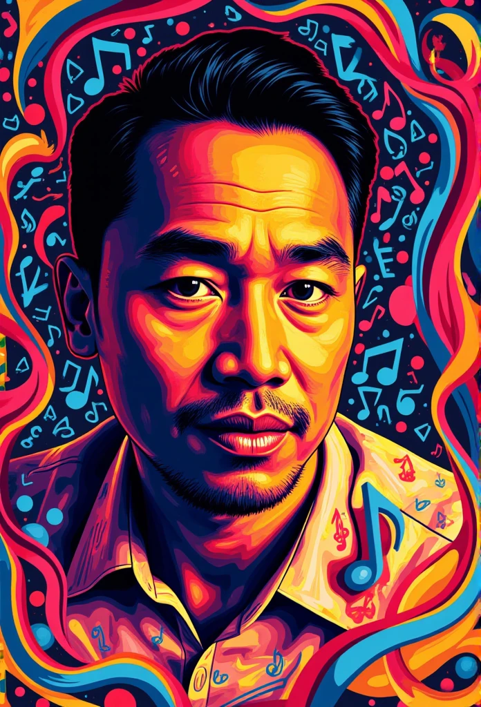 concept poster a Indonesia 45 years man, a half body portrait at musical notes, digital artwork by tom whalen, bold lines, vibrant, saturated colors, wpap,detailed fac,Vibrant colors palettes,wongflux