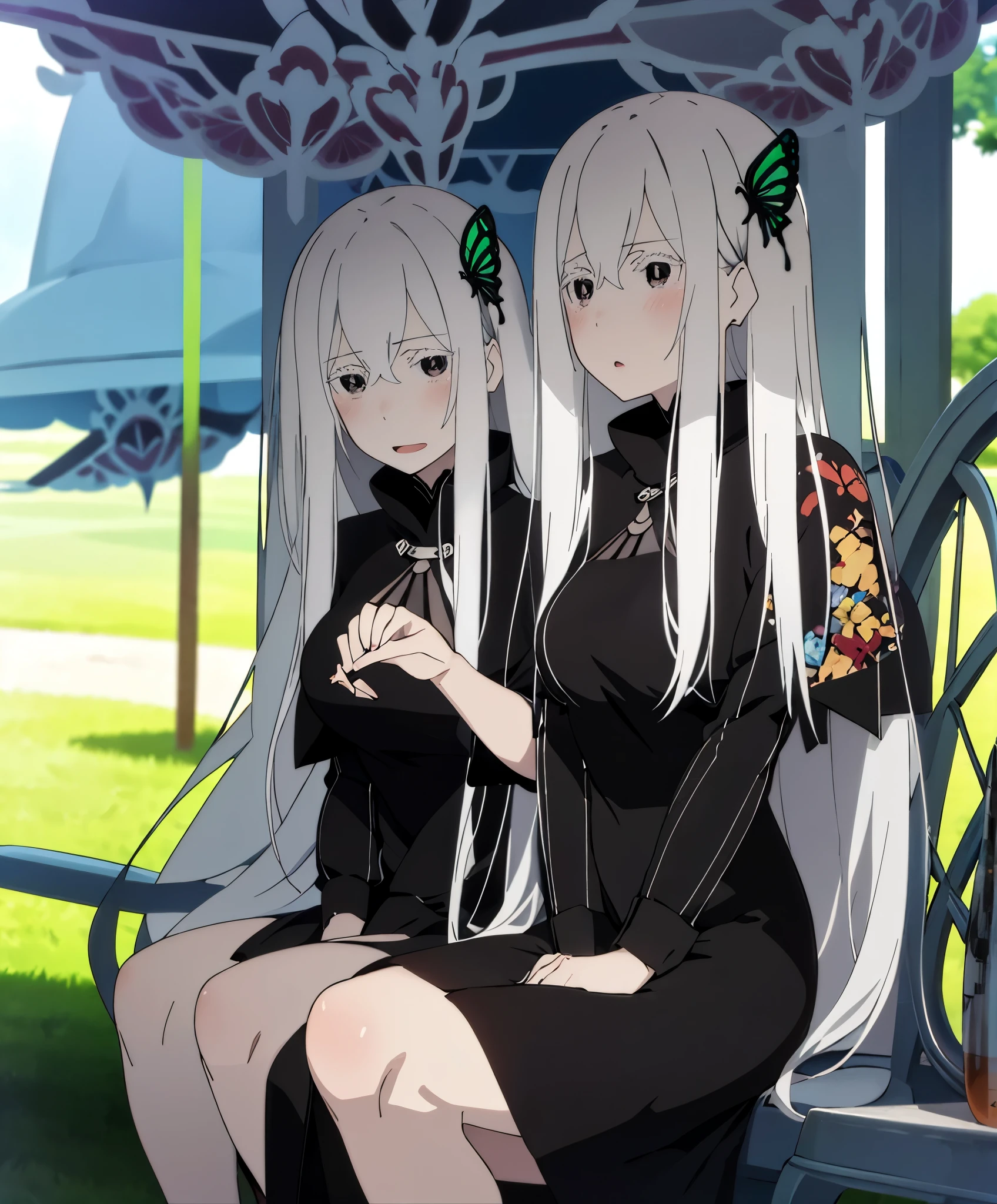  high resolution,Anime girl with long white hair and butterflies in her hair ,  anime drawing inspired by Re Chevalier,  trending on pixiv ,  Self-Destructing Art , Gray-haired deity, Gray-haired***, perfect Gray-haired girl, Gray-haired, from arknights, Gray-haired lady, Anime visual of a cute girl, From Girls Frontline,  anime girl in a black dress , due to abdominal pain,  blush,  opens her mouth,  look in front