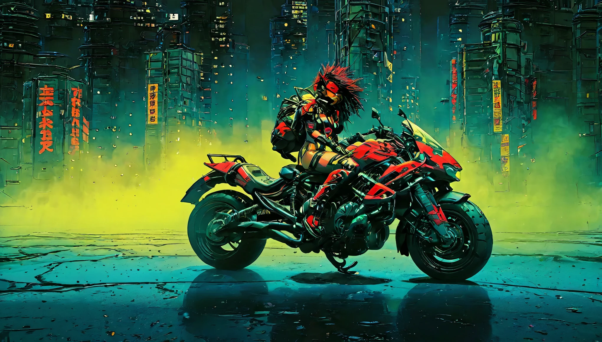 there a woman sitting on a motorcycle in the city, sitting on cyberpunk motorbike, akira anime cyberpunk, akira motorcycle, style of akira motion movie, modern cyberpunk anime, akira's motorcycle, riding a futuristic motorcycle, anime cyberpunk, akira movie style, akira cgi movie stills, motorcycle concept art, anime cyberpunk art, akira japanese art, cyberpunk anime art, futuristic cyberpunk