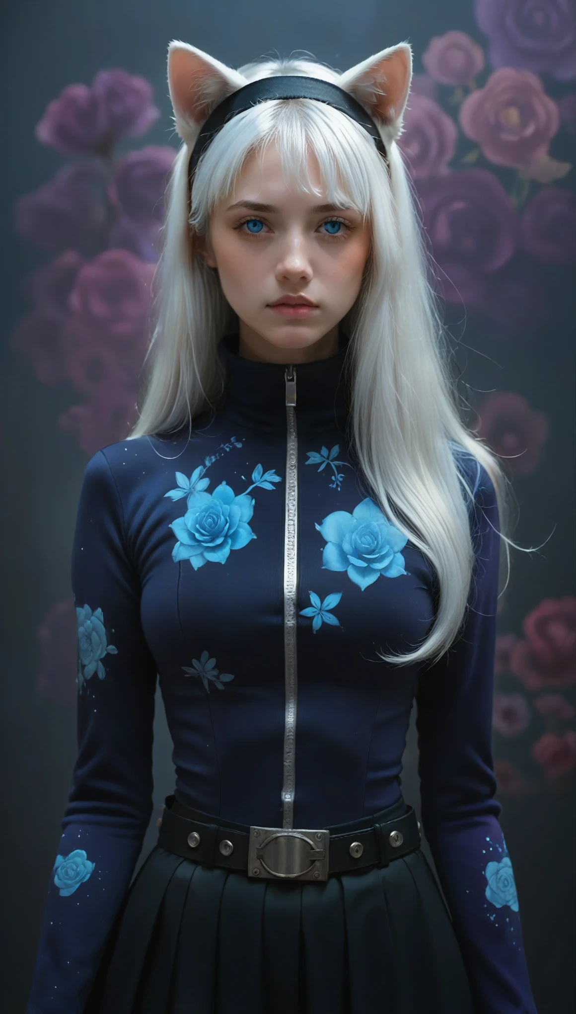 This photo shows、 configuration 。, white hair, Sophisticated style, Direct method . She has white skin、Delicate, A little physics. Her outfit is、Fits your body, Deep Blue, Shiny,  long sleeve top with high collar ,  A layered black skirt featuring a dark purple floral pattern .  This image captures a fusion of fantasy and sci-fi aesthetics ,  emphasizes the surreal and whimsical nature of the scene .  The top is combined with something voluminous {x} Her accessories include a black headband with cat ears It's been,  fantastic atmosphere with blue and purple hues .  The background features a surreal ,  depicting a young woman with long hair , 22 years old, abstract ,  shining lights and texture ,  probably metallic surface .  The overall atmosphere is dreamy 、 looks like another world ,  adding a bit of futuristic elements .  A woman's expression is expressionless ,  adorned with silver accents and a central zipper ,  adding movement and fluidity to the .  She looks like she's standing in a slightly leaning position ,  A charm with a cat theme Attached belt, (two torsos:1.4), 2girls, holding waist, small waist,