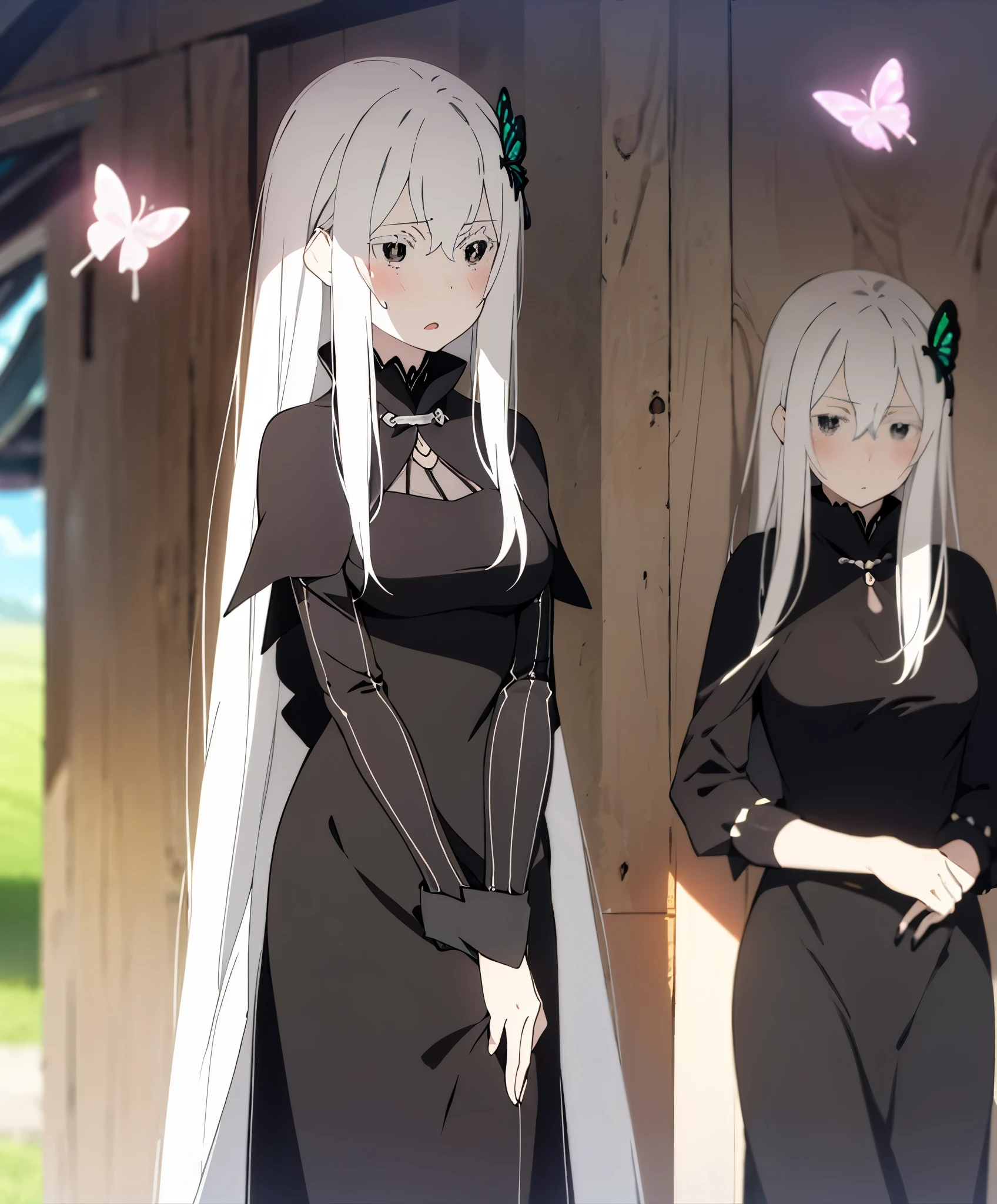  high resolution,Anime girl with long white hair and butterflies in her hair ,  anime drawing inspired by Re Chevalier,  trending on pixiv ,  Self-Destructing Art , Gray-haired deity, Gray-haired女の子, perfect Gray-haired girl, Gray-haired, from arknights, Gray-haired lady, Anime visual of a cute girl, From Girls Frontline,  anime girl in a black dress , due to abdominal pain,  blush,  opens her mouth,  look in front