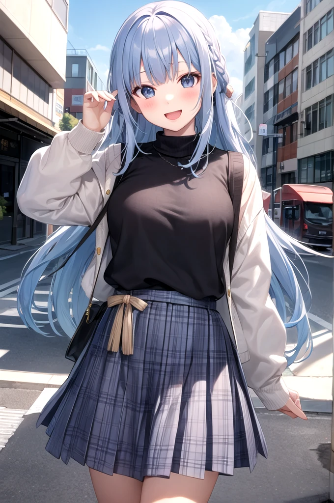 h_suzuki, 1girl, blue hair, smile, virtual youtuber, long hair, skirt, looking at viewer, outdoor, open mouth, pleated skirt, bangs, sweater, blush, white skirt, cowboy shot
