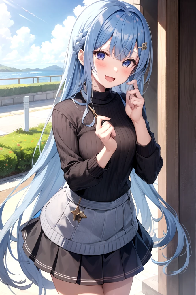 h_suzuki, 1girl, blue hair, smile, virtual youtuber, long hair, skirt, looking at viewer, outdoor, open mouth, pleated skirt, bangs, sweater, blush, white skirt, cowboy shot
