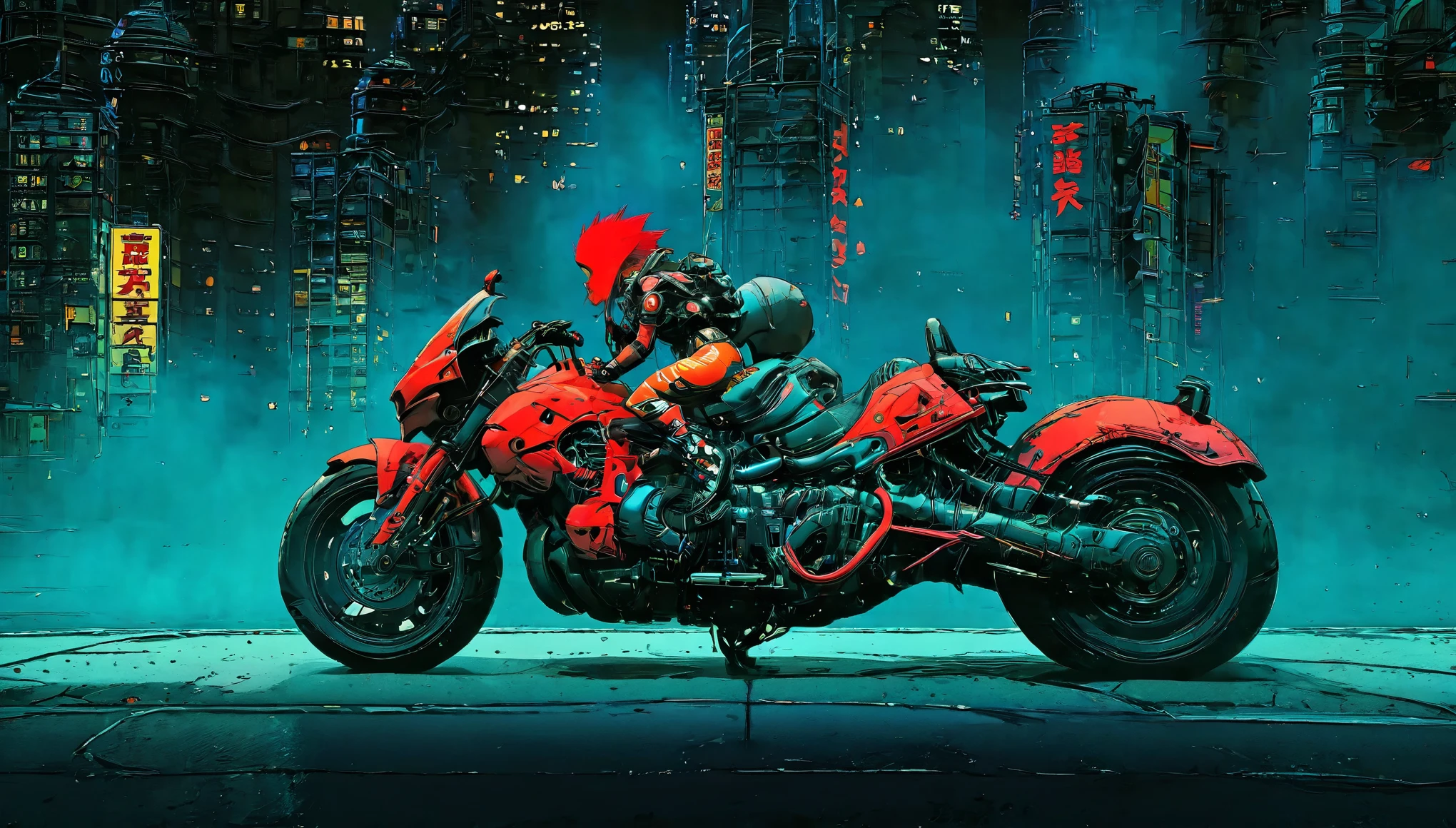 there a woman sitting on a motorcycle in the city, sitting on cyberpunk motorbike, akira anime cyberpunk, akira motorcycle, style of akira motion movie, modern cyberpunk anime, akira's motorcycle, riding a futuristic motorcycle, anime cyberpunk, akira movie style, akira cgi movie stills, motorcycle concept art, anime cyberpunk art, akira japanese art, cyberpunk anime art, futuristic cyberpunk