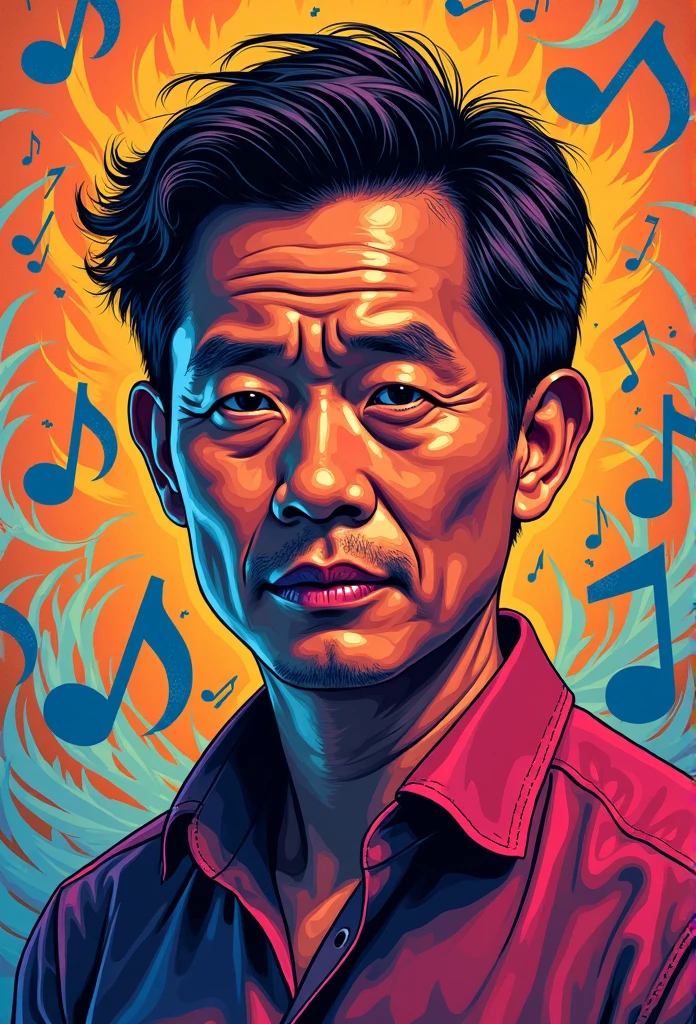 concept poster a Indonesia 45 years man, a half body portrait at musical notes, digital artwork by tom whalen, bold lines, vibrant, saturated colors, wpap,detailed fac,Vibrant colors palettes,wongflux