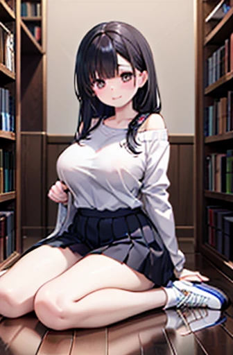  REALISTIC IMAGES , Consistent image, Detailed Images,  1 beautiful girl . She has black hair, Long Hair.  creamy brown eyes ,  long eyelashes .  in、顔は楕円形in繊細inす. smile.  wears a long-sleeved off-shoulder shirt,  pleated mini skirt, sneakers,  she has a curvy figure , medium breasts, Thick thighs.  she is sitting cross-legged ,  hiding her hands between her thighs .  Library Background , Surrounded by books. 前面は自然光inす,  volumetric lighting, very big breasts 、