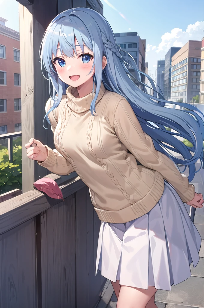 h_suzuki, 1girl, blue hair, smile, virtual youtuber, long hair, skirt, looking at viewer, outdoor, open mouth, pleated skirt, bangs, sweater, blush, white skirt, cowboy shot
