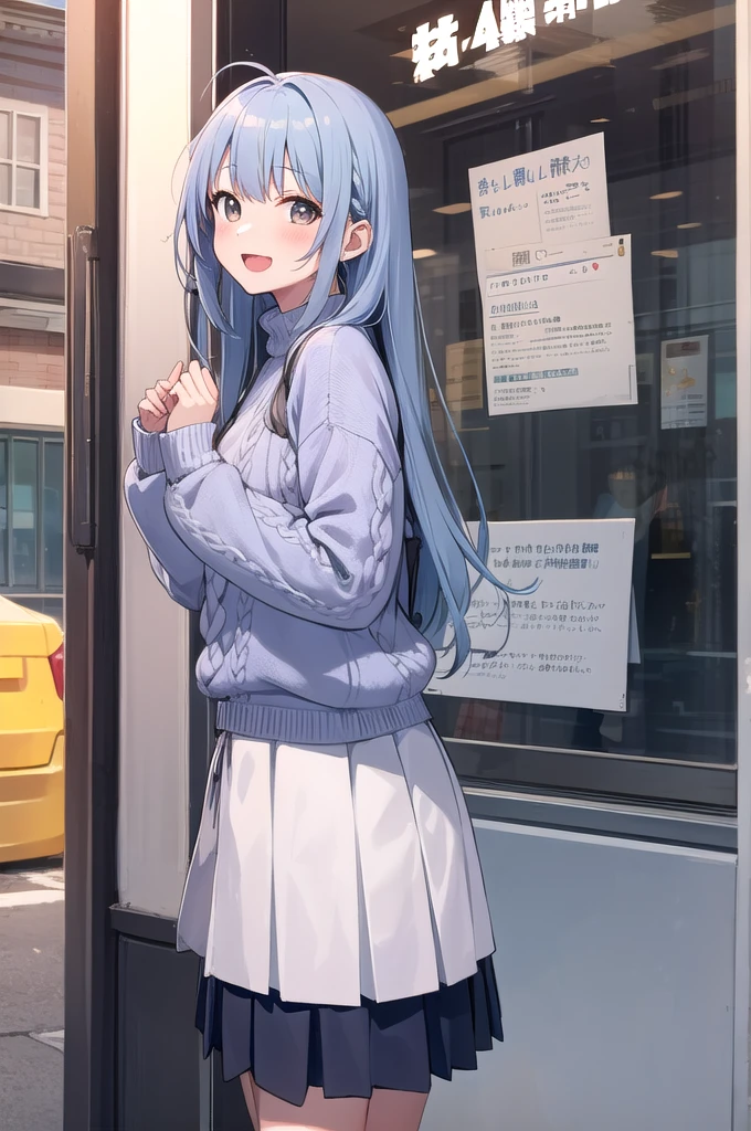 h_suzuki, 1girl, blue hair, smile, virtual youtuber, long hair, skirt, looking at viewer, outdoor, open mouth, pleated skirt, bangs, sweater, blush, white skirt, cowboy shot
