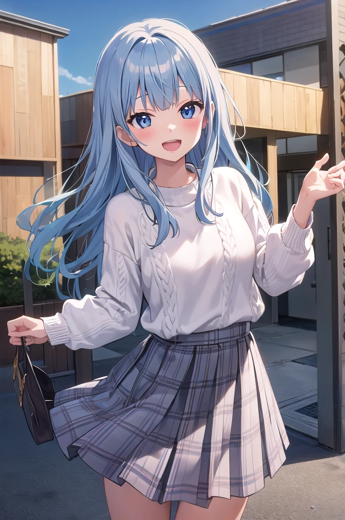 h_suzuki, 1girl, blue hair, smile, virtual youtuber, long hair, skirt, looking at viewer, outdoor, open mouth, pleated skirt, bangs, sweater, blush, white skirt, cowboy shot
