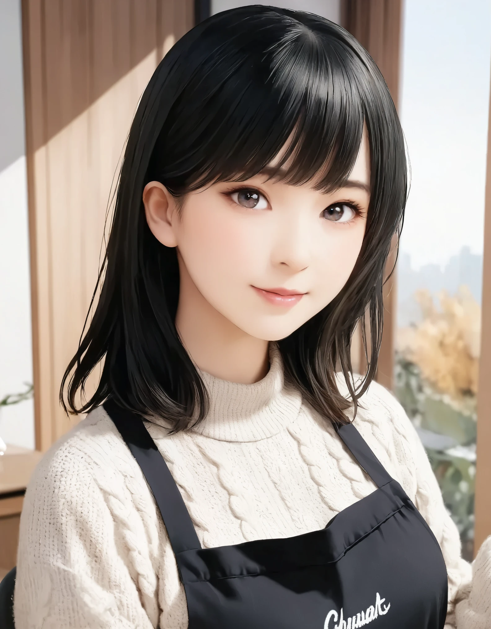 (best quality, 8k, high resolution:1.2), 1girl, knitted sweater, apron, upper body