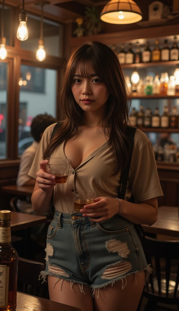Julia chang from tekken. shorts, jacket over bralette top. in a bar