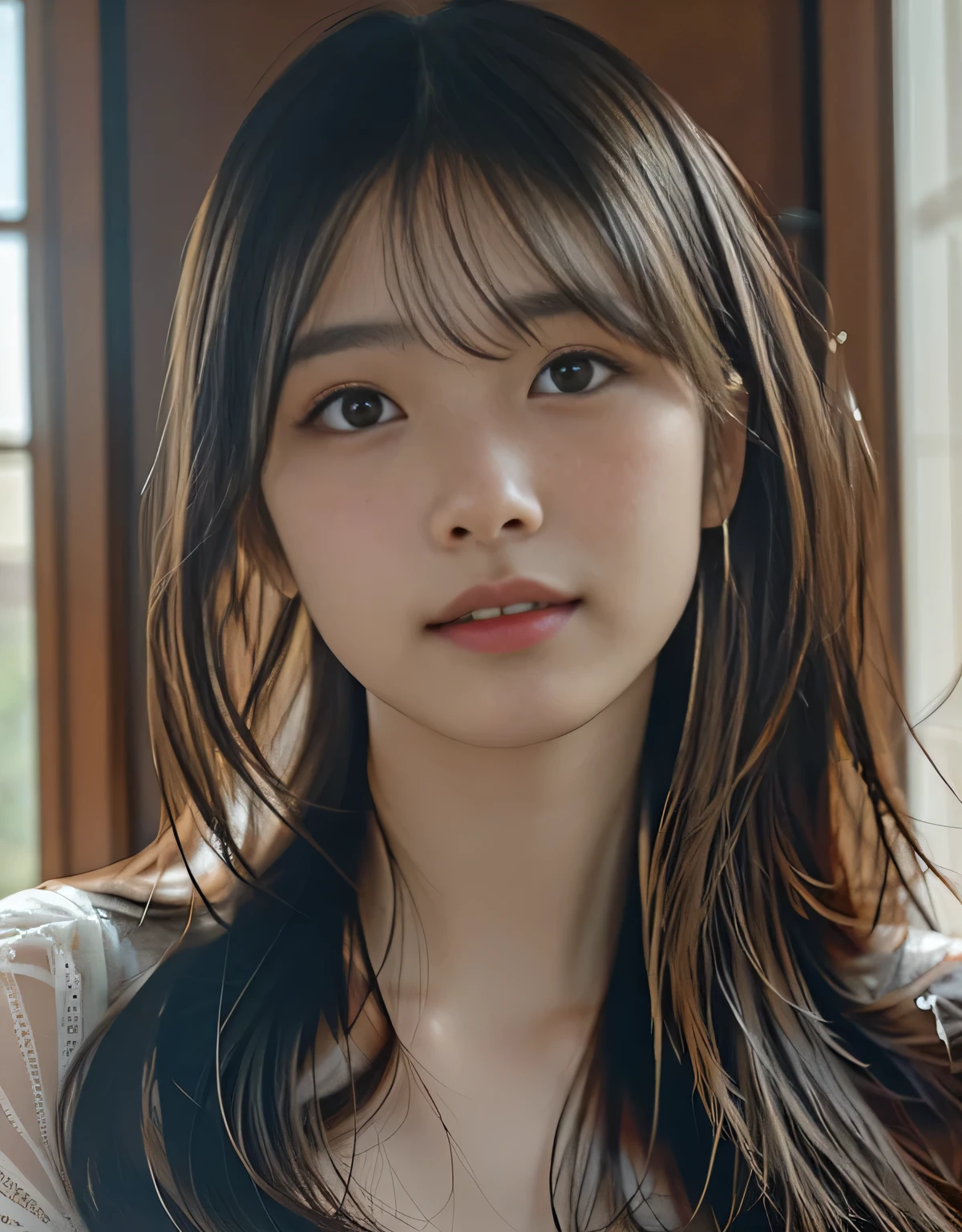{Best Quality}, {{ Face Focus :: }},{{Moon face:1.3}},{Thin jaw} ,,{{}},,Soft light, ultra high resolution , ( photorealistic:1.4), RAW photo, { 1 Japanese girl:, 18age:smile},{{{Portrait from the shoulder:1.6}}、{{ Face Focus }}, {naked},{ nude},{ nakedの ,cute, (Shining Eyes, photon),{{ Double eyelids on both eyes }},{{ length eyelashes:1.6}}},{{ Details}}, ( small breasts),( high resolution Details of human skin textures), {{(length straight hair:1.6)}}