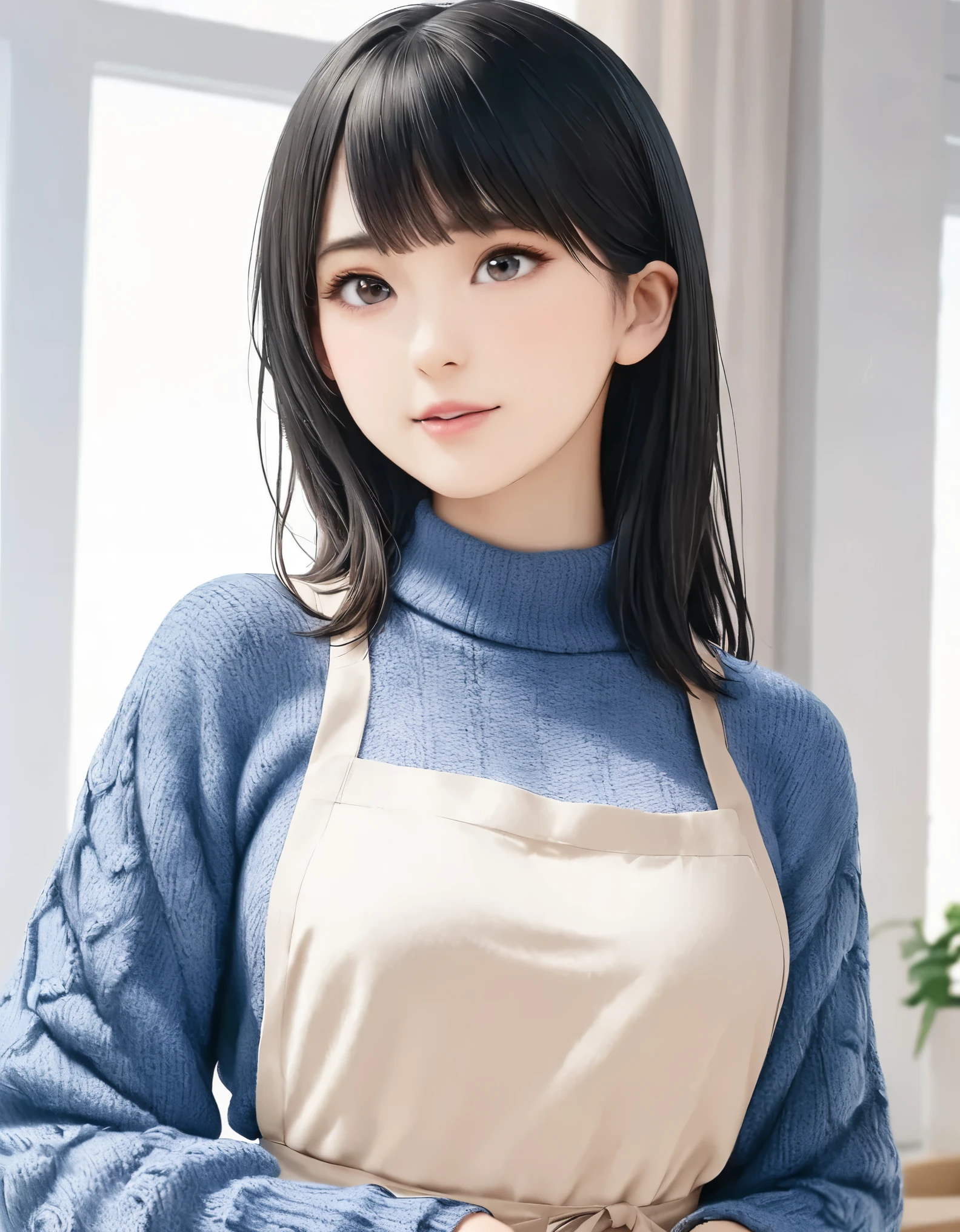 (best quality, 8k, high resolution:1.2), 1girl, knitted sweater, apron, upper body