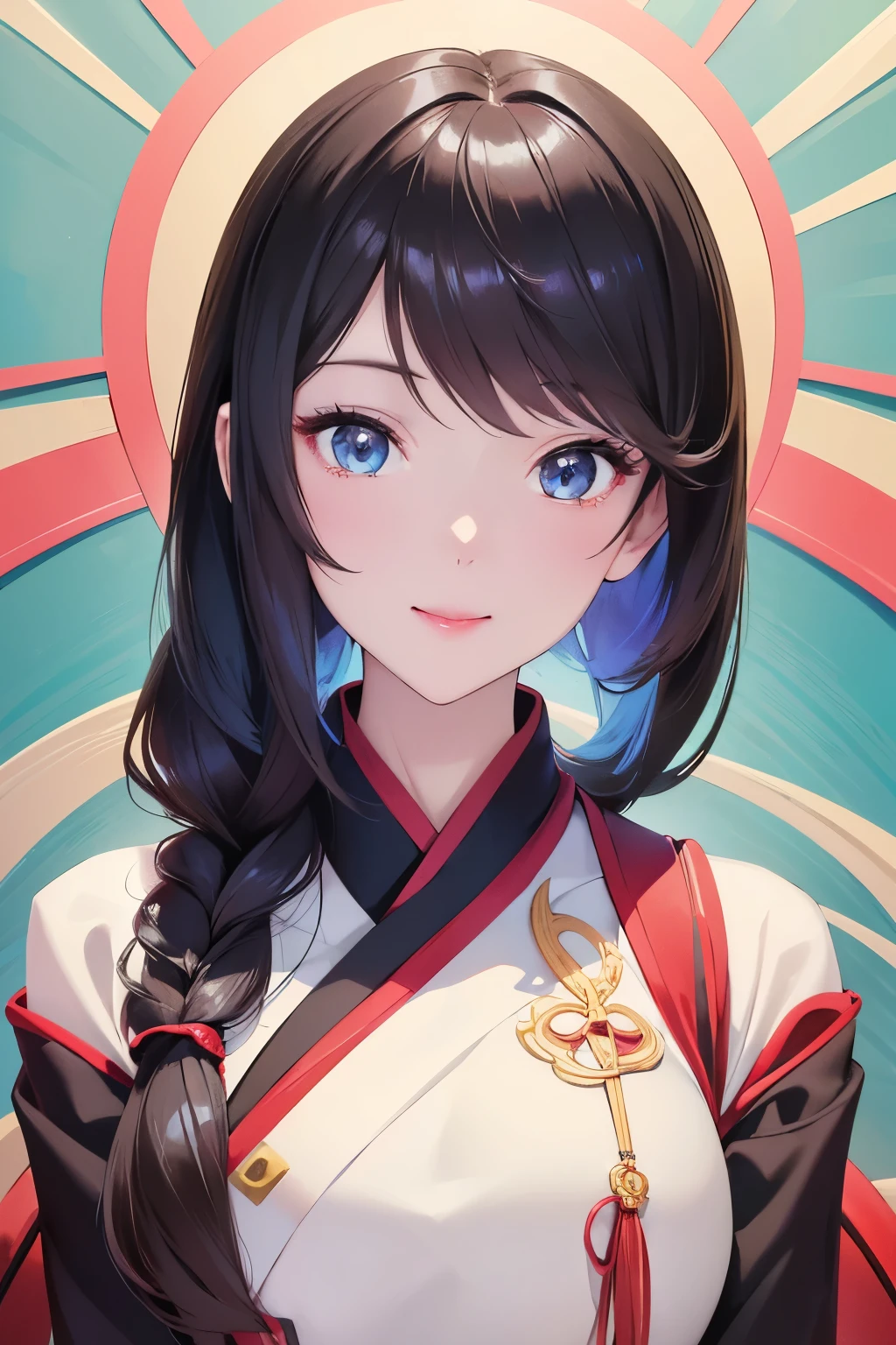 1 girl in, (( best quality, 8K, masterpiece:1.3)), Slim Belly Beauty:1.3, (Casual hairstyle, Big Bust : 1.2), Chinese Hanfu : 1.1, Noodle Soup, Delicate eyes , Double eyelids, shy, dynamic posture, Smile, Anime girl with golden hair and blue eyes holding a fan。, X-art, krenz, Feminization of key arts, Fine Digital Anime Art , High Detailed Official Illustration , Detailed Anime Art , Portrait of Female Anime Hero , who looks both confident and adventurous . The dynamic and colorful background , highlights her passion .