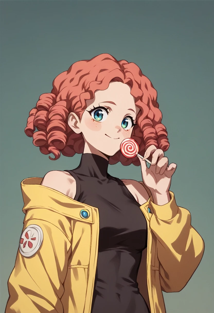  score_9,  score_8_up,  score_7_up,  score_6_up,  score_5_up,  score_4_up, C0l0urC0R3 , cute,  bright colours , 1girl,harajuku, large breasts, candy, , girl face ,curly red hair ,  medium breasts,  well-proportioned and curvilinear body ,  with compensated shoulders and hips and a very marked waist,  yellow jacket , Bombcacha 