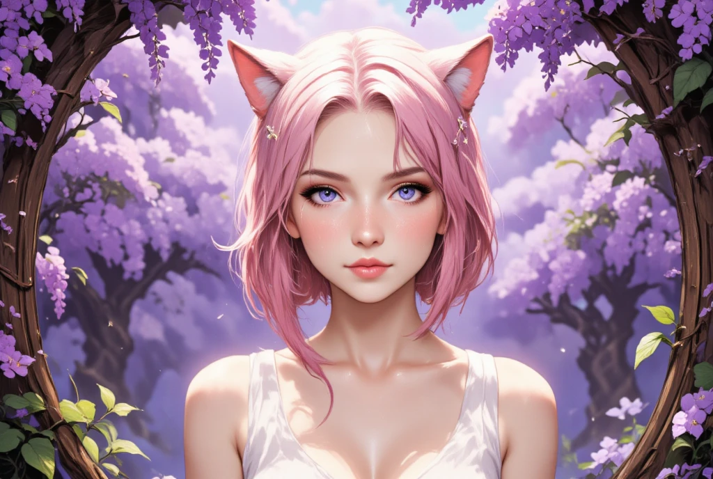 1girl, cute girl with pink hair and pink eyes, alone, purple wisteria background, soft natural lighting, cat ears, sleeveless white shirt, detailed face, beautiful detailed eyes, beautiful detailed lips, extremely detailed face, longeyelashes, delicate facial features, petite figure, graceful pose, serene expression, ethereal, whimsical, pastel colors, cinematic lighting, (best quality,4k,8k,highres,masterpiece:1.2),ultra-detailed,(realistic,photorealistic,photo-realistic:1.37)