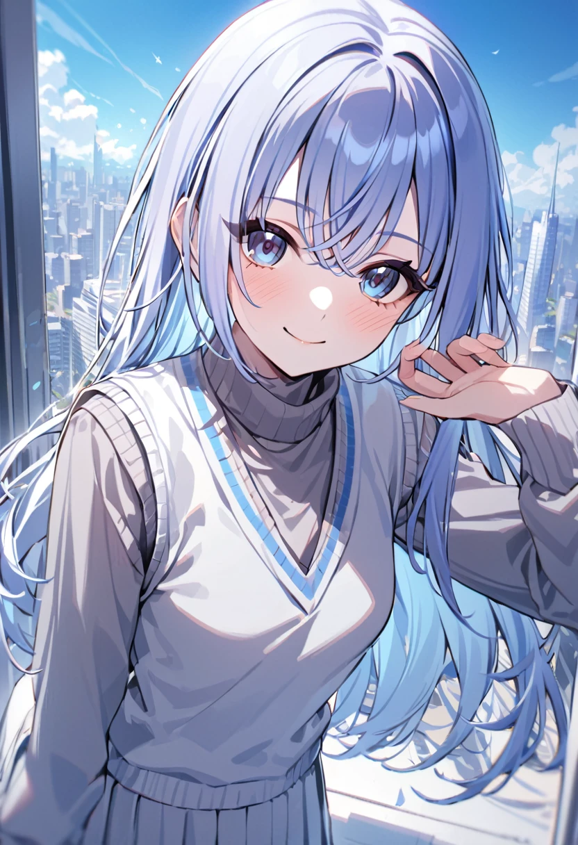 masterpiece, (best qulaity:1.3), 8K, wallpaper, depth of field, beautiful detailed eyes, (1girl, h_suzuki, blue eyes, long hair, small breasts, long sleeves, turtleneck, (white_/(sweater_vest/)), pleated skirt, solo, looking at viewer, closed mouth, smile, (blush:1.2), blue sky, city, standing) 