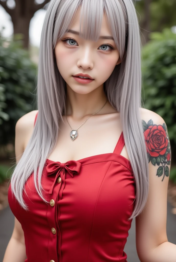 1girl,gal,Red dress,(((rose tattoo on shoulder))),long silver hair with bangs,white eyes,super high resolution, rich colors, perfect image,top quality,detailed image,single beauty, shiny skin,texture of skin and clothes,Blissful rose garden