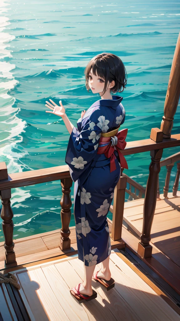  Ultra HD、 fine-grained、Woman、 standing 、Waving、On the boat、sea、kimono、 Short Hair