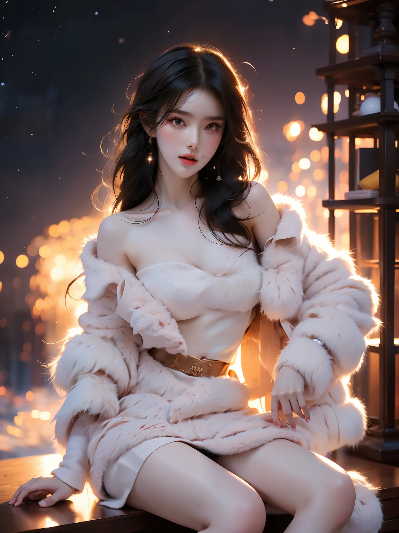 ruanyi0240,coat ((full body shot)), (elegant seated pose:1.3), slim figure, short pleated skirt, S-curve posture. soft lighting, (night sky:1.2), (galaxy background:1.2), stars and nebula, cinematic composition, shallow depth of field, 8k quality