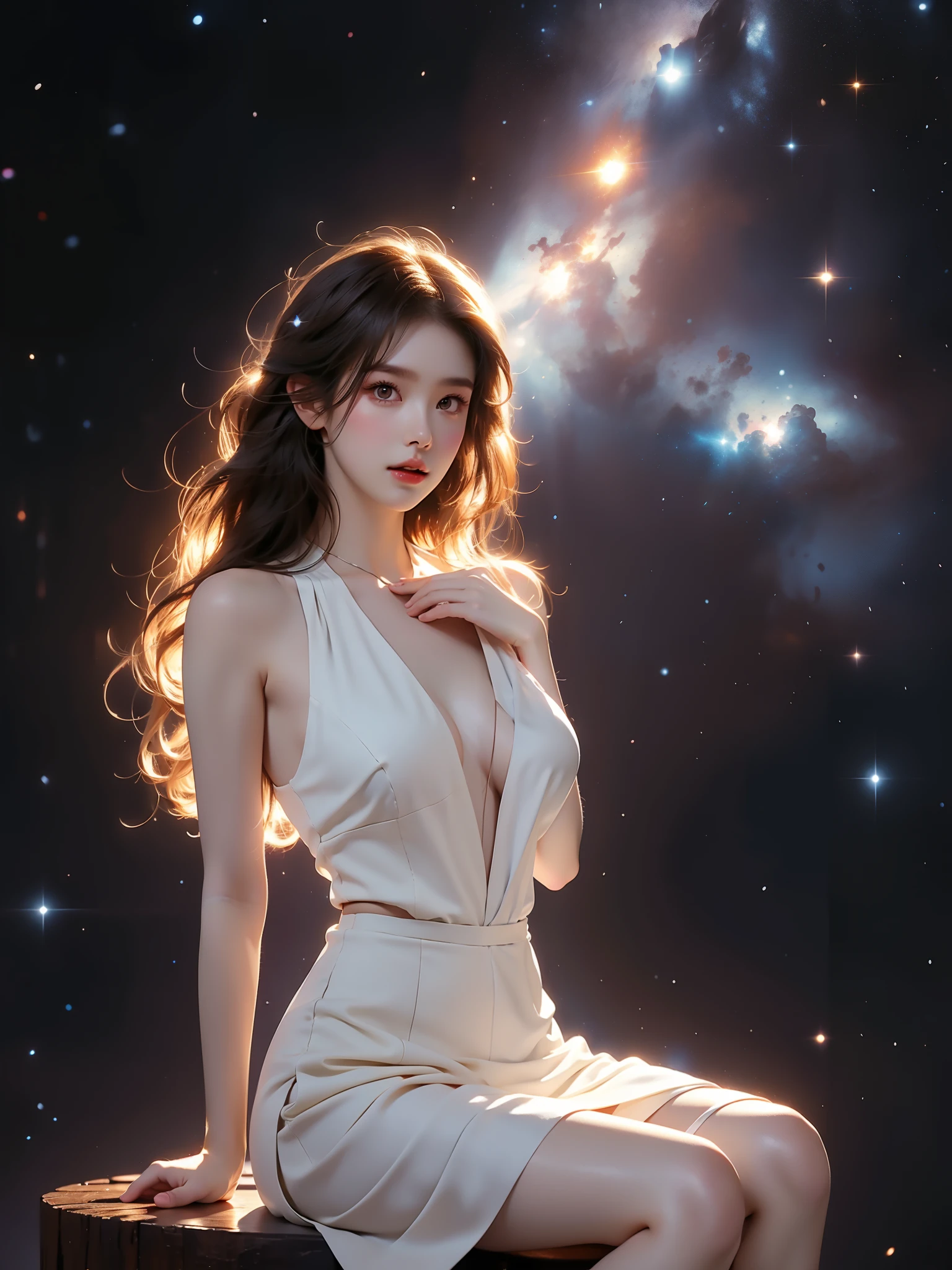 naked vest
open vest ((full body shot)), (elegant seated pose:1.3), slim figure, short pleated skirt, S-curve posture. soft lighting, (night sky:1.2), (galaxy background:1.2), stars and nebula, cinematic composition, shallow depth of field, 8k quality