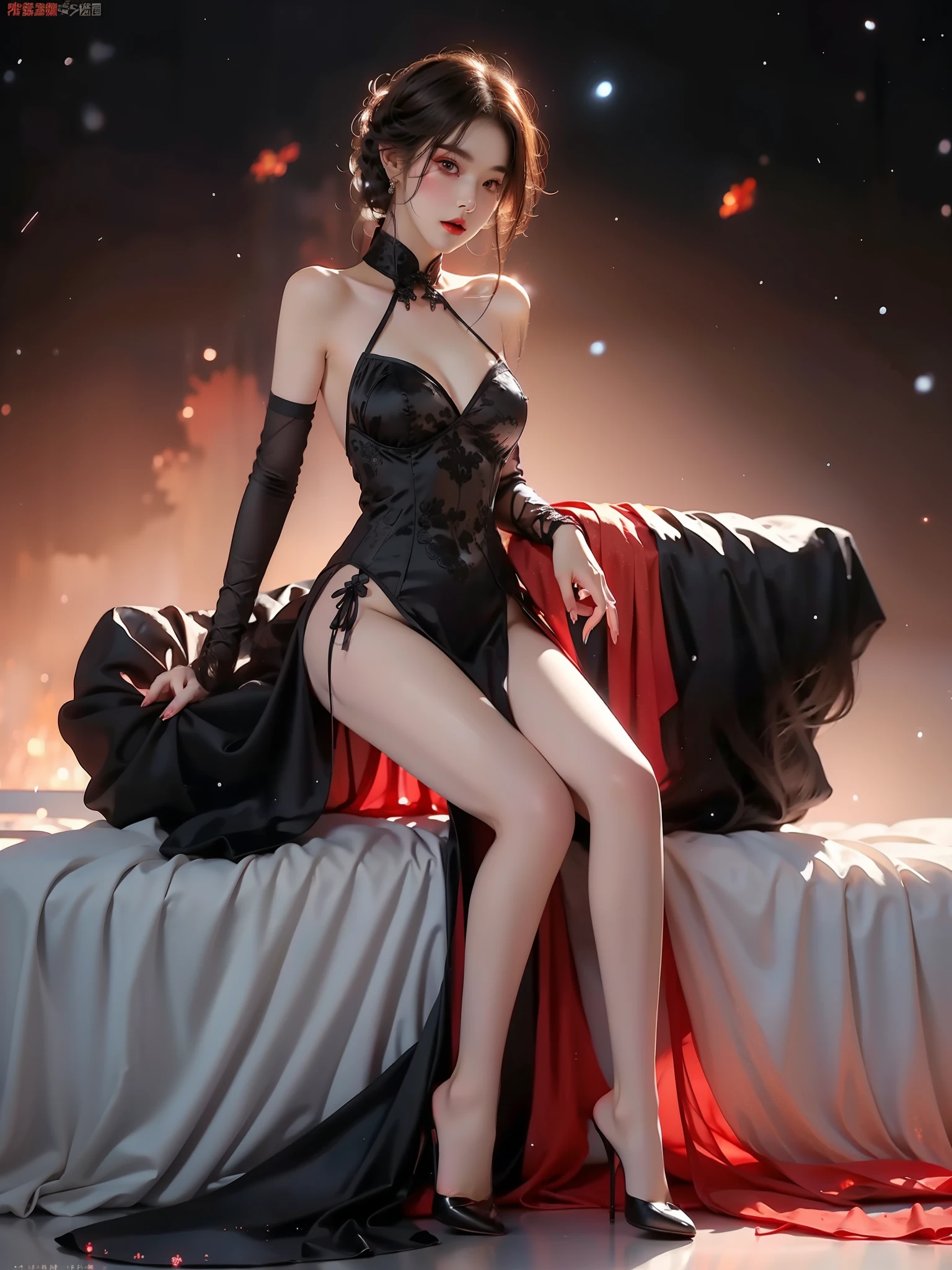 black chinese dress
black edged stockings
red gloves  ((full body shot)), (elegant seated pose:1.3), slim figure, short pleated skirt, S-curve posture. soft lighting, (night sky:1.2), (galaxy background:1.2), stars and nebula, cinematic composition, shallow depth of field, 8k quality