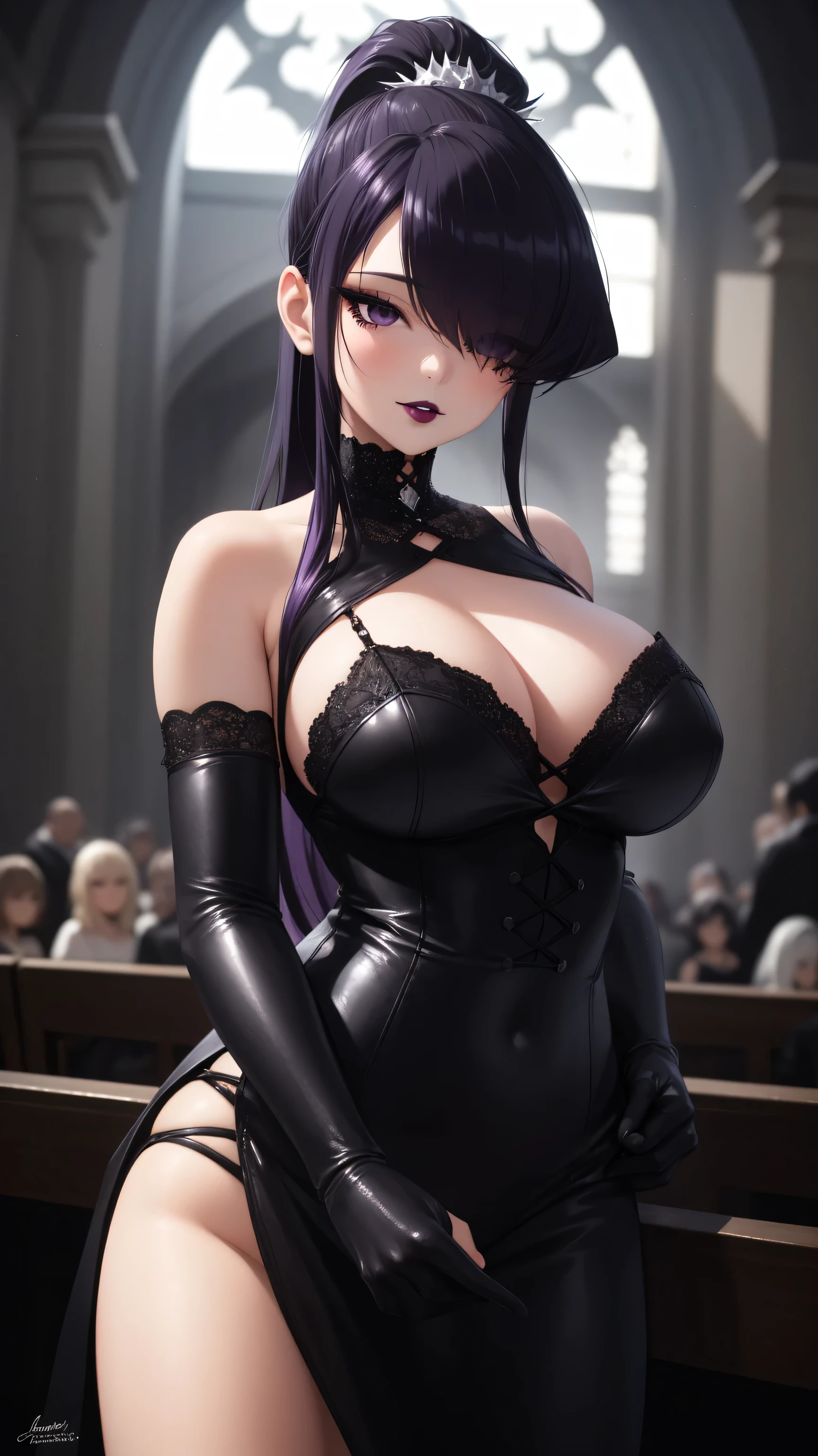 masterpiece, best quality, highly detailed, ultra high res, Shokokomidef, komi_shouko, 1girl, solo, hair ornament, purple hair, long hair, hair over one eyes, purple eyes, dark gothic eyeshadows, dark eyeshadows, black eyeshadows, detailed lipsblack sexy lips, black lips, (dark:1.2), dark lips, very dark lips,  black medium lips, black thick lips, detailed black lips, black painted lips, gothic painted lips, large breasts, black wedding dress, ponytail, light smile, elbow gloves, inside church background