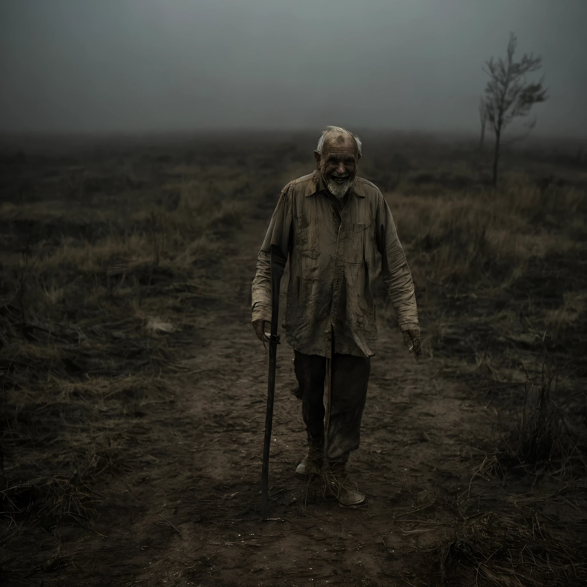  very creepy scene, Disgusting old man coming, full body, creepy big knife, wearing rags, creepy smile, humidity wilderness, country side, creepy smog