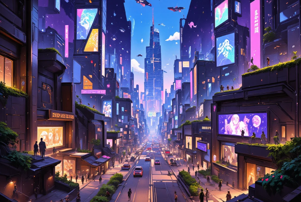 a futuristic cyberpunk city at night, aerial cityscape view, towering skyscrapers, neon signs, crowded streets with flying cars, intricate architectural details, glowing windows, holographic billboards, rooftop gardens, people in futuristic fashion interacting with robots, exploring market stalls, pixel art style, neon punk aesthetic, vibrant, retro-futuristic