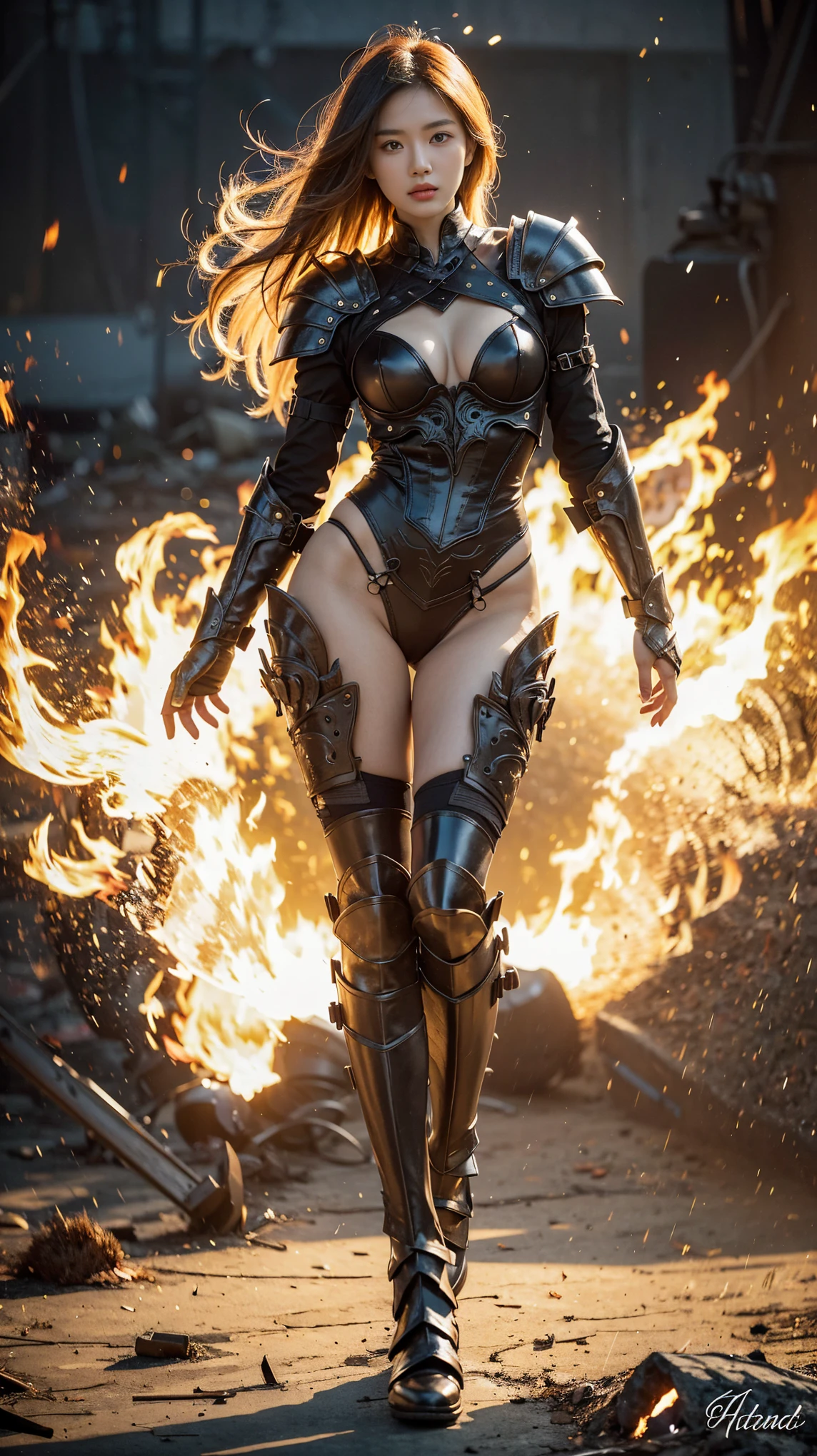 (Causian female)(best quality,highres,realistic:1.2), long flowing blonde hair,(beautiful,detailed:1.1) face with piercing blue eyes, (voluptuous,fit:1.1) body with well-defined muscular arms and legs, (fierce:1.1) expression, (confident:1.1) posture, (fierce:0.9) and provocative pose, (strong and powerful:1.1),(brown leather, revealing:1.2) barbarian outfit, (intricate, detailed:1.1) armor with tribal patterns, (weapon:1.1) in hand, standing in night time fire lit battle field landscape, (harsh:1.1) lighting with a warm sunset glow, (dramatic:1.1) shadows emphasizing her physique, (intense:1.1) and vibrant colors, showing her (fierce:0.9) nature and (dominant:1.1) presence, (dangerous:1.1) aura, (adventurous:1.1) atmosphere, (fantasy:1.1) setting, (epic:1.1) and (powerful:1.1), evoking a sense of (freedom:1.1) and (strength:1.1).dynamic pose