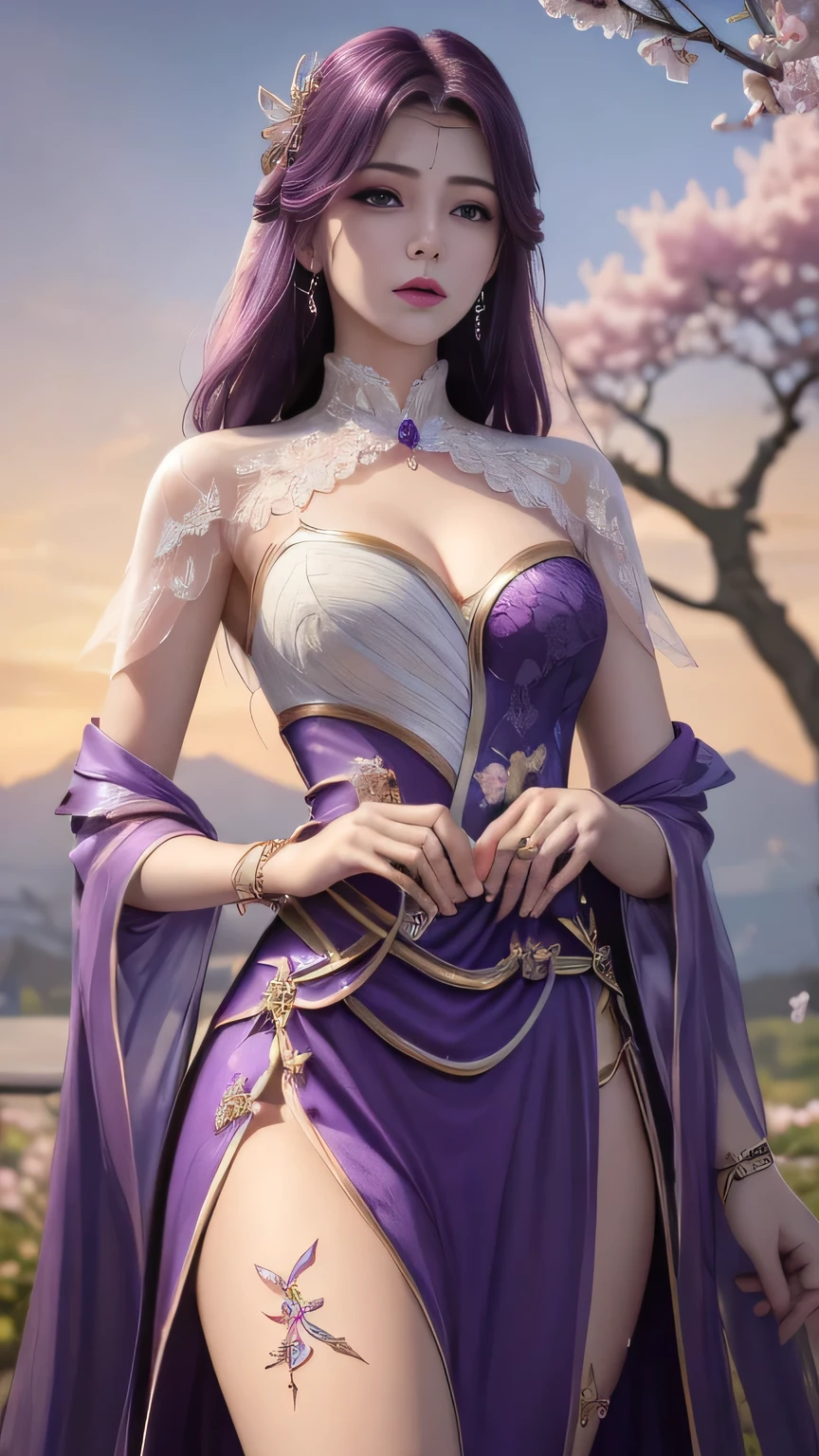 (,1girll, angle of view,Best quality, ) , (((,1girll, Solo,, view the viewer, Cherry blossoms, , purple_Hair, purple_Eyes, Long_Hair, Solo, Cloud, jewelry, dress, Sunset, sky ))) ultra realistic 8k cg, Flawless, Clean, Masterpiece, Professional artwork, Famous artwork, Cinematic lighting, Cinematic bloom, Perfect face, Beautiful face,,fantasy, smallunderboob,The upper part of the body,Dreamlike, unreal, Science fiction, Lace, Lace trim, lace-trimmed legwear, luxury goods, jewelry, Diamond, gold, the pearl, Pedras preciosas, Sapphire, Ruby, Emerald, intricately details, Delicate pattern, Charming, Alluring, Seductive, Erotic, Enchanting, hair adornments, necklace, Earrings, Bracelet, armlets,Halo,Autumn,dynamicposes。