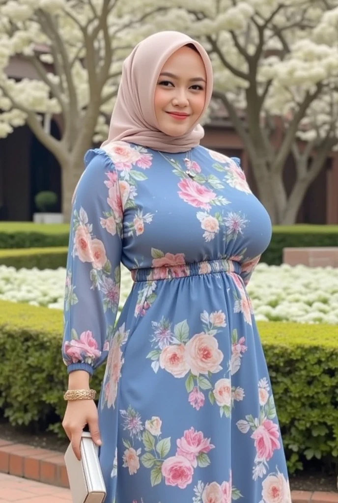 1 beautiful adult girl wearing a hijab, wearing a Dutch oni chiffon blue floral dress, umbrella-shaped sleeves, wearing high-heeled sandals, wearing a bracelet and a watch, is in a flower garden, there is a waterfall, and white roses around it, there are cherry trees whose leaves are falling, scattered on the ground, smiling holding her beautiful bag, full body shot, full body pose, slim waist, sexy hips, slim fit feet, Hyperrealism, depth of field, cinematic lighting, glowing light, Hyperrealism, depth of field, cinematic lighting, glowing light, award winning, high details, textured skin, anatomically correct, masterpiece, UHD, best quality, 8k, highres, award winning, high details, textured skin, anatomically correct, masterpiece, UHD, best quality, 8k, highres