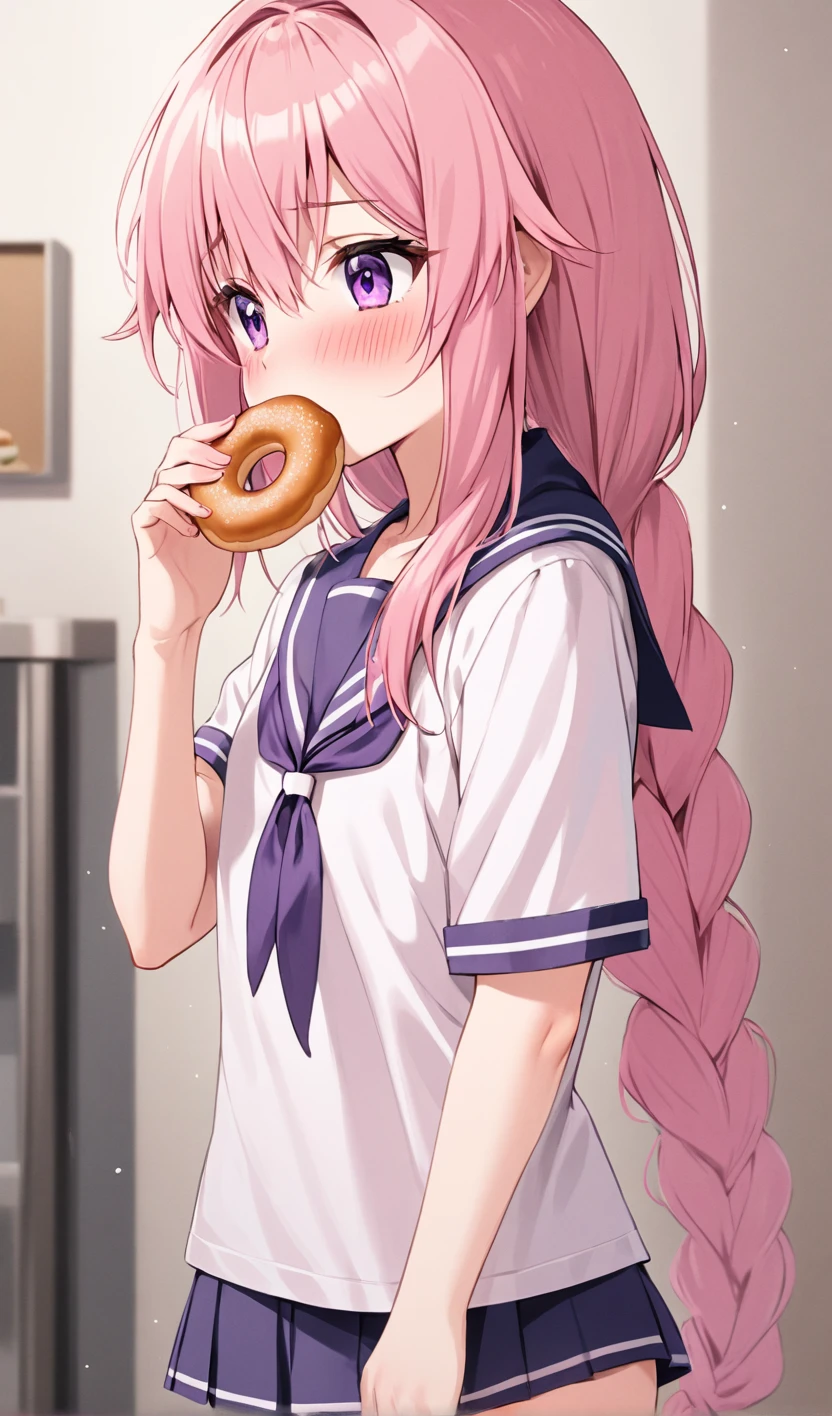 Astolfo eating a donut, long pink hair, purple eyes, long braid, wearing a sailor shirt, flat chest, skort, shy blush, adorable, tomboy, femboy, trap, perfect anatomy