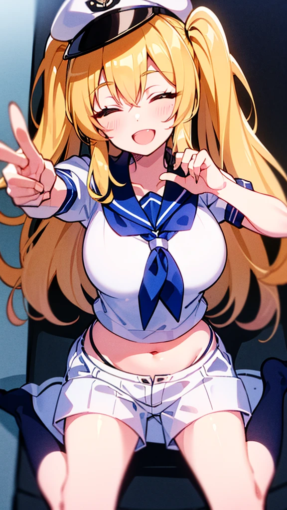 Twin-tailed golden-haired girl in sailor suit, Visible navel, Wear a hat and pants.a drawing of an anime character, clean line drawings, ultra cute girl, ultra cute face, ultra detailed eyes, ultra detailed hair, ultra cute, ultra beautiful, ((high end)), (UHD picture), (best quality,4k,8k,highres,masterpiece:1.2), top-quality(​masterpiece), top-quality, ultra-detailed, highly detailed texture, intricate details, high quality textures, masterpiece, best quality, perfect quality, perfect anatomy, perfect body, perfect symmetrical face, perfect hands, perfect feet, (two arms:1.2), (two legs:1.2), (five fingers each:1.2), (perfect joint:1.2), perfect joint movement, precise fingers and hands, 1 beautiful girl, 1 girl, alone, solo, , , ((())), ((ish)), (Best Quality, hight resolution), extremely detailed and lifelike, Vibrant colors, simple background, white socks, blonde hair, hat, blue sailor collar, twintails, sailor collar, sailor hat, yellow eyes, marine costume, short sleeves, shirt, blue neckerchief, white headwear, sailor, white shirt, white shorts, neckerchief, smile, Chiyuri, from behind, to lift up one’s skirt, cowboy shot, from front, standing, raise one leg, crossed arms, arms up behind, arms behind back, hand between legs, put hands hip, one hand on hip, forward hands, arms raised in the air, punch hands, peace sign, waving, put up index finger, sit, lie down, closed eyes, lie face down, looking back, put one hand chest, leaning forward, cleavage, close up, horizontally outstretched arms, horizontally outstretched legs, front view, front face, huge breasts for short stature, cleavage is clearly visible, G-Cup, heart hands, pointing at oneself