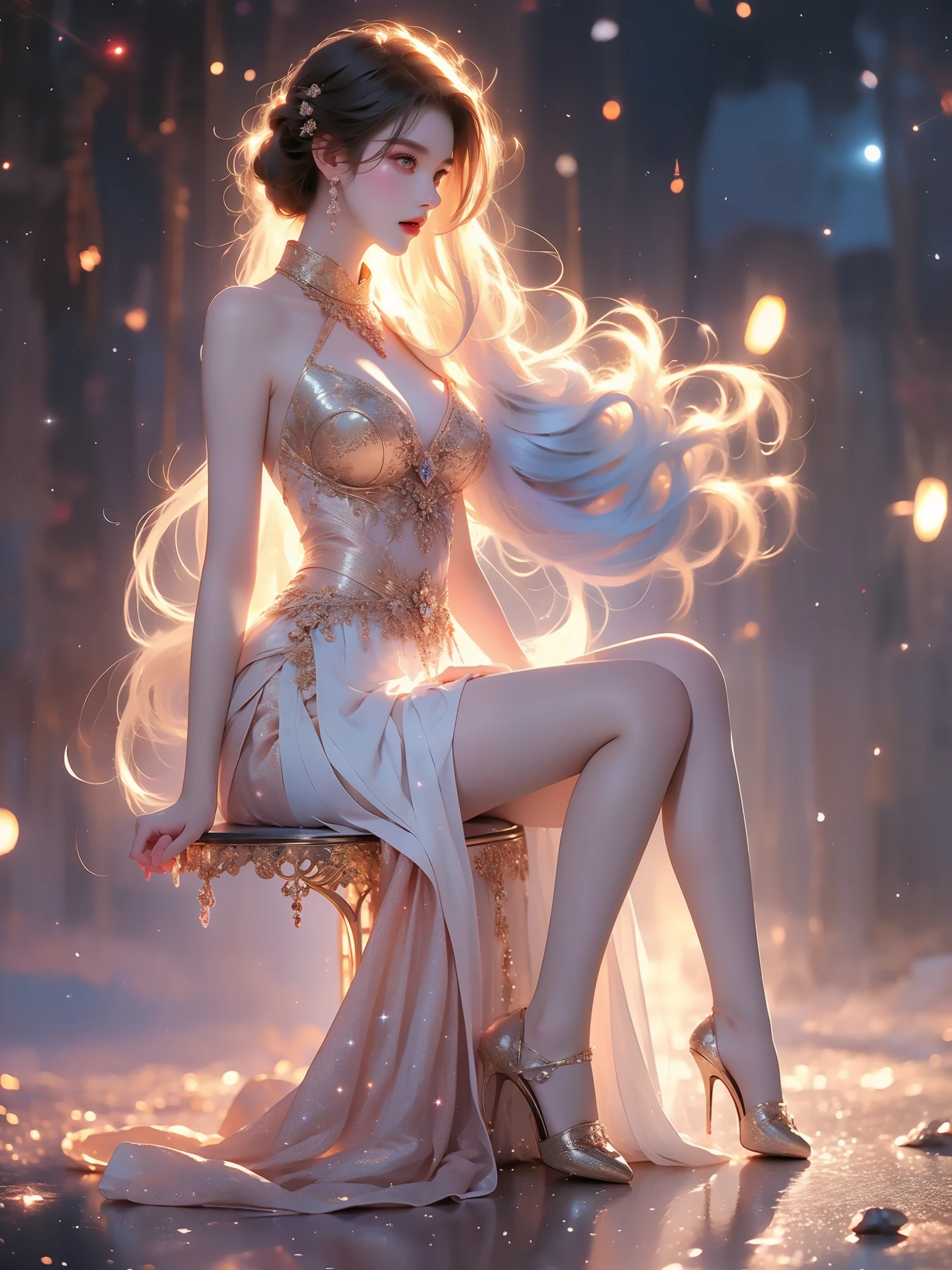  ((full body shot)), (elegant seated pose:1.3), slim figure, short pleated skirt, S-curve posture. soft lighting, (night sky:1.2), (galaxy background:1.2), stars and nebula, cinematic composition, shallow depth of field, 8k quality