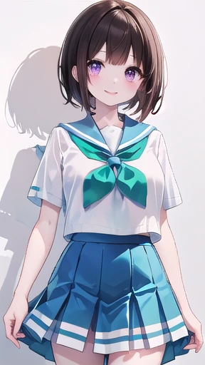 masterpiece, Best Quality,  high definition,  1 girl, Alone, Brown Hair,  short hair,  purple eyes,  moles under eyes, ,  white shirt,  blue sailor collar , Green neckerchief,  Short sleeve,   blue skirt  ,  cowboy shot, smile,, big chest、