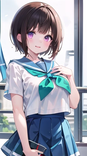 masterpiece, Best Quality,  high definition,  1 girl, Alone, Brown Hair,  short hair,  purple eyes,  moles under eyes, ,  white shirt,  blue sailor collar , Green neckerchief,  Short sleeve,   blue skirt  ,  cowboy shot, smile,, big chest、