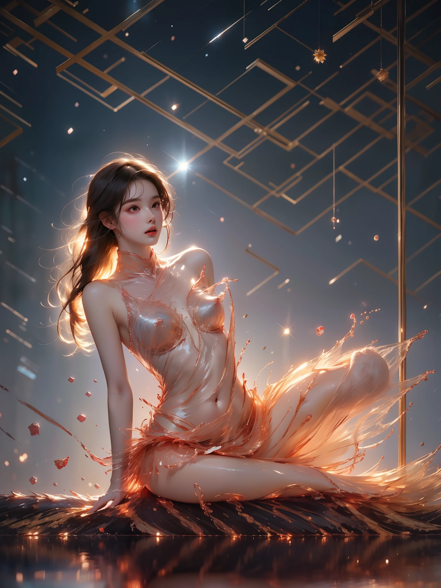 liquid clothes
water ((full body shot)), (elegant seated pose:1.3), slim figure, short pleated skirt, S-curve posture. soft lighting, (night sky:1.2), (galaxy background:1.2), stars and nebula, cinematic composition, shallow depth of field, 8k quality