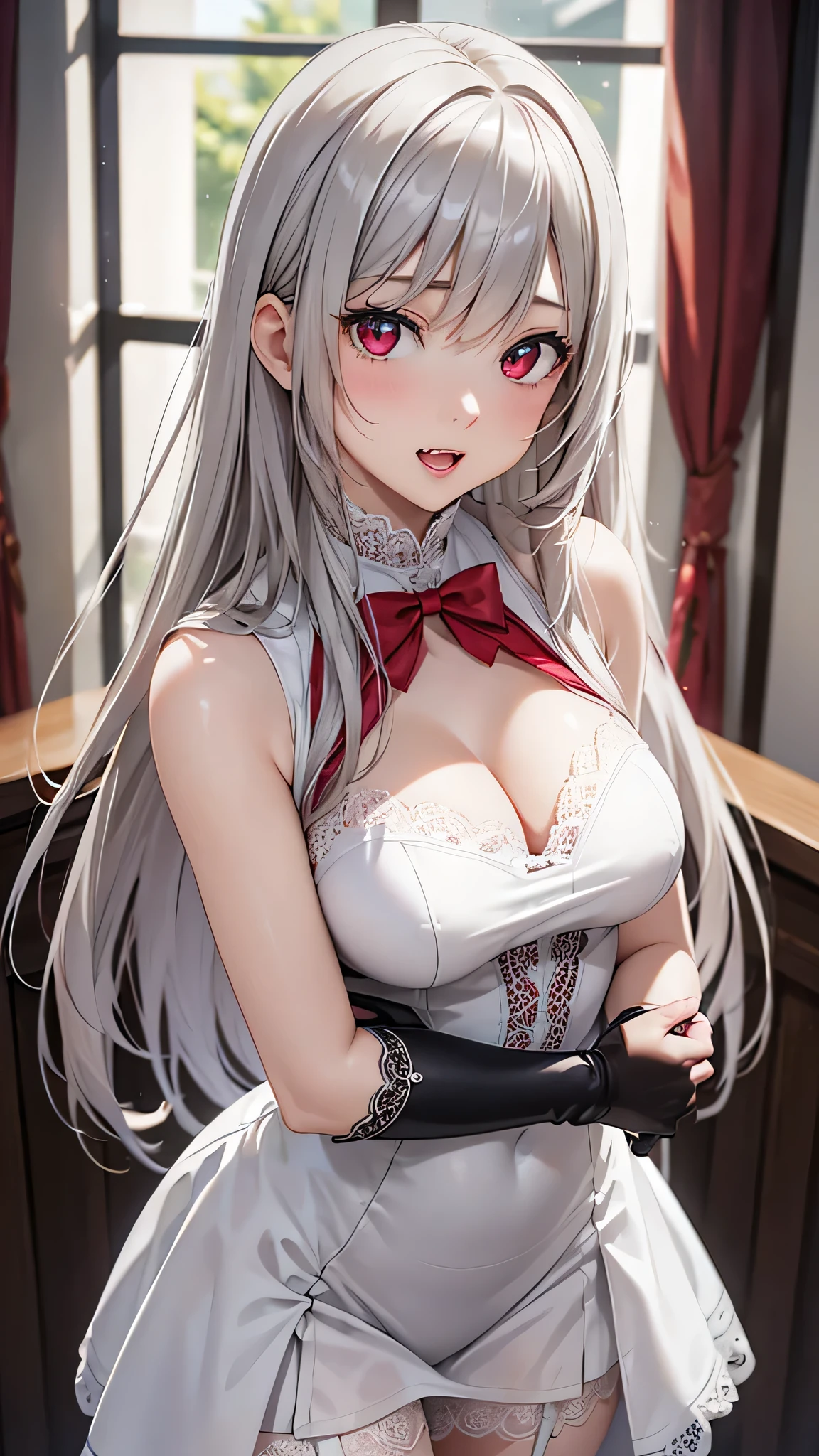  adult woman on the house, Alone,  sexy,8K resolution,((Best Quality)), ultra high resolution, ( shy face ), (Red eyes),  Beautiful Symmetrical Face , ( long silver hair ), white lace dress , white long skirt, garter belt,Realistic:1.4,Realistic:1.4,(masterpiece:1.2), perfect eyes,Perfect Eyes, anatomically correct human body,Perfect waist,Perfect thighs,(Open your mouth,Vampire Fangs),Indoors at night, white long gloves 