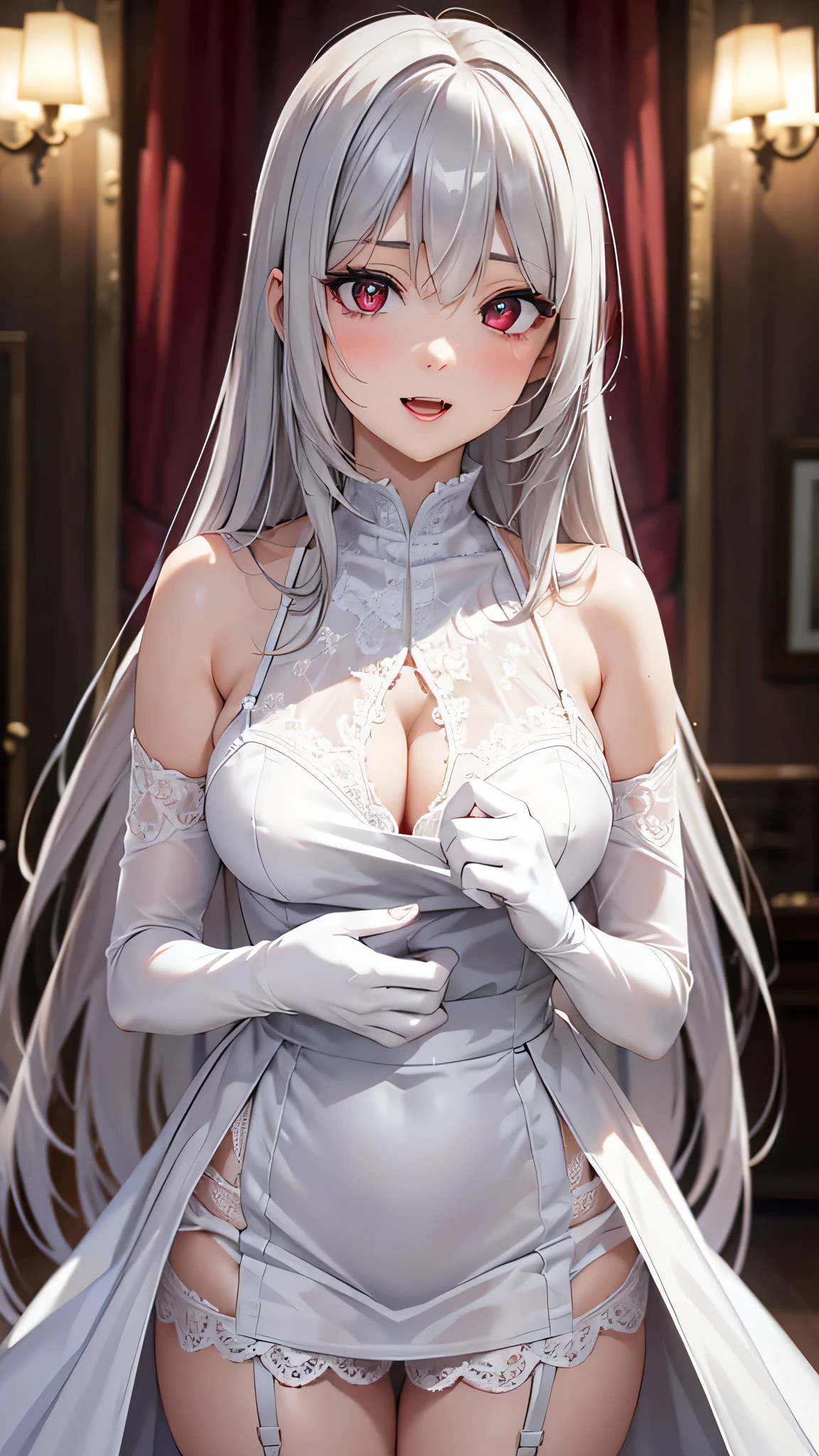  adult woman on the house, Alone,  sexy,8K resolution,((Best Quality)), ultra high resolution, ( shy face ), (Red eyes),  Beautiful Symmetrical Face , ( long silver hair ), white lace dress , white long skirt, garter belt,Realistic:1.4,Realistic:1.4,(masterpiece:1.2), perfect eyes,Perfect Eyes, anatomically correct human body,Perfect waist,Perfect thighs,(Open your mouth,Vampire Fangs),Indoors at night, white long gloves 