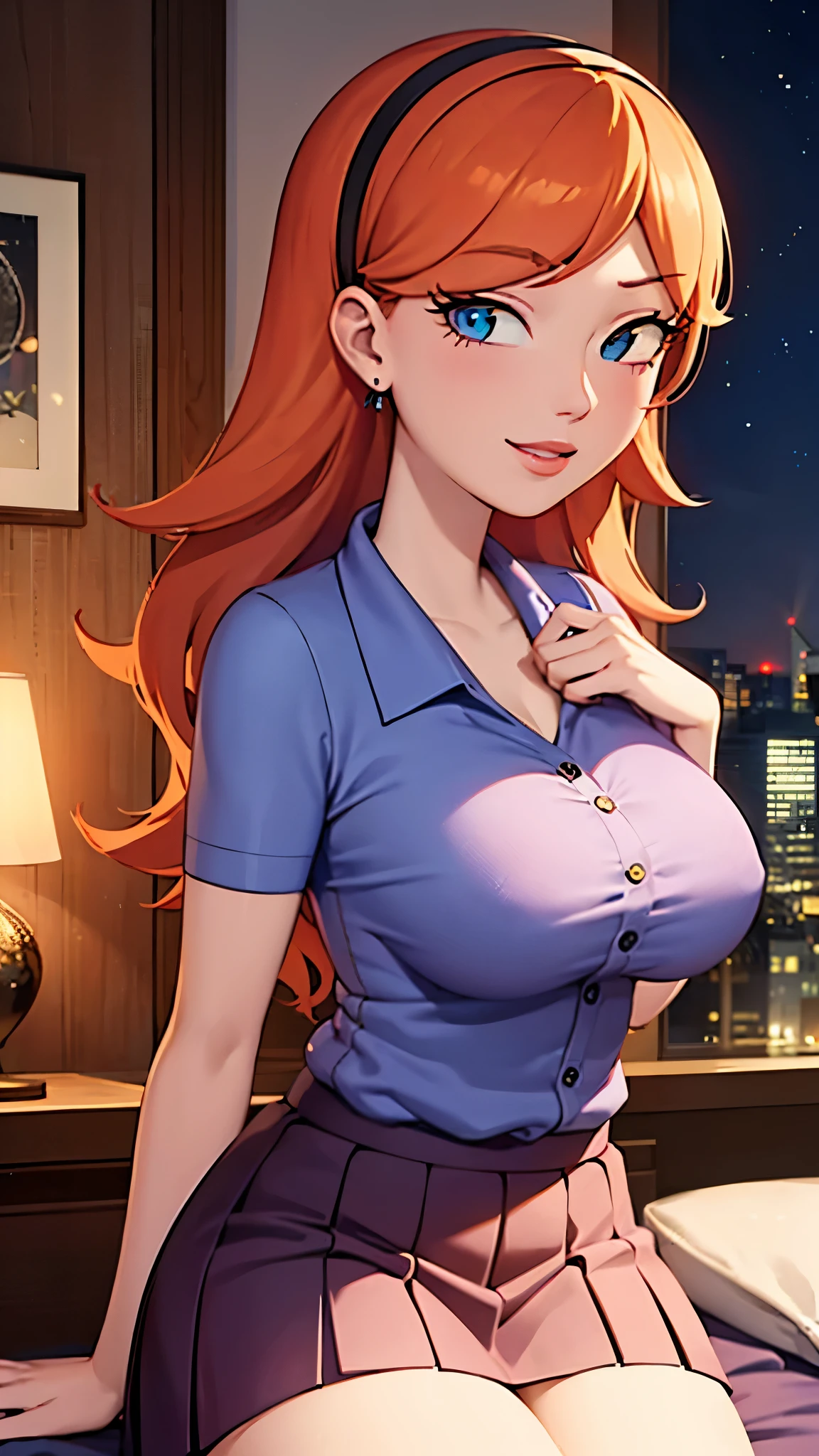 Realistic Anime girl, Jessica, shoulder length ginger elegant hair, hairband , beautiful dark eyes, pale skin, elegant ginger hair, ((big round breasts)), super slim, sexy glossy lips, playful smile, blush, long eyelashes, tall sexy anime girl,
BREAK short lavender skirt, bright blue polo top, sexy school uniform, short sleeves,  short lavender skirt, a lot of details, anime accessories, luxurious clothes. 
BREAK indoors, cozy bedroom, night, pink lights, cozy place, modern decorations. She is standing.
BREAK looking at viewer, super close photo, she is in middle, shiny sweet dark eyes.
BREAK (masterpiece:1.2), best quality, high resolution, unity 8k wallpaper, 3D anime, close up photo, (illustration:0.8), (beautiful detailed eyes:1.6), detailed makeup, extremely detailed face, perfect lighting, extremely detailed CG, (detailed hands, perfect anatomy),