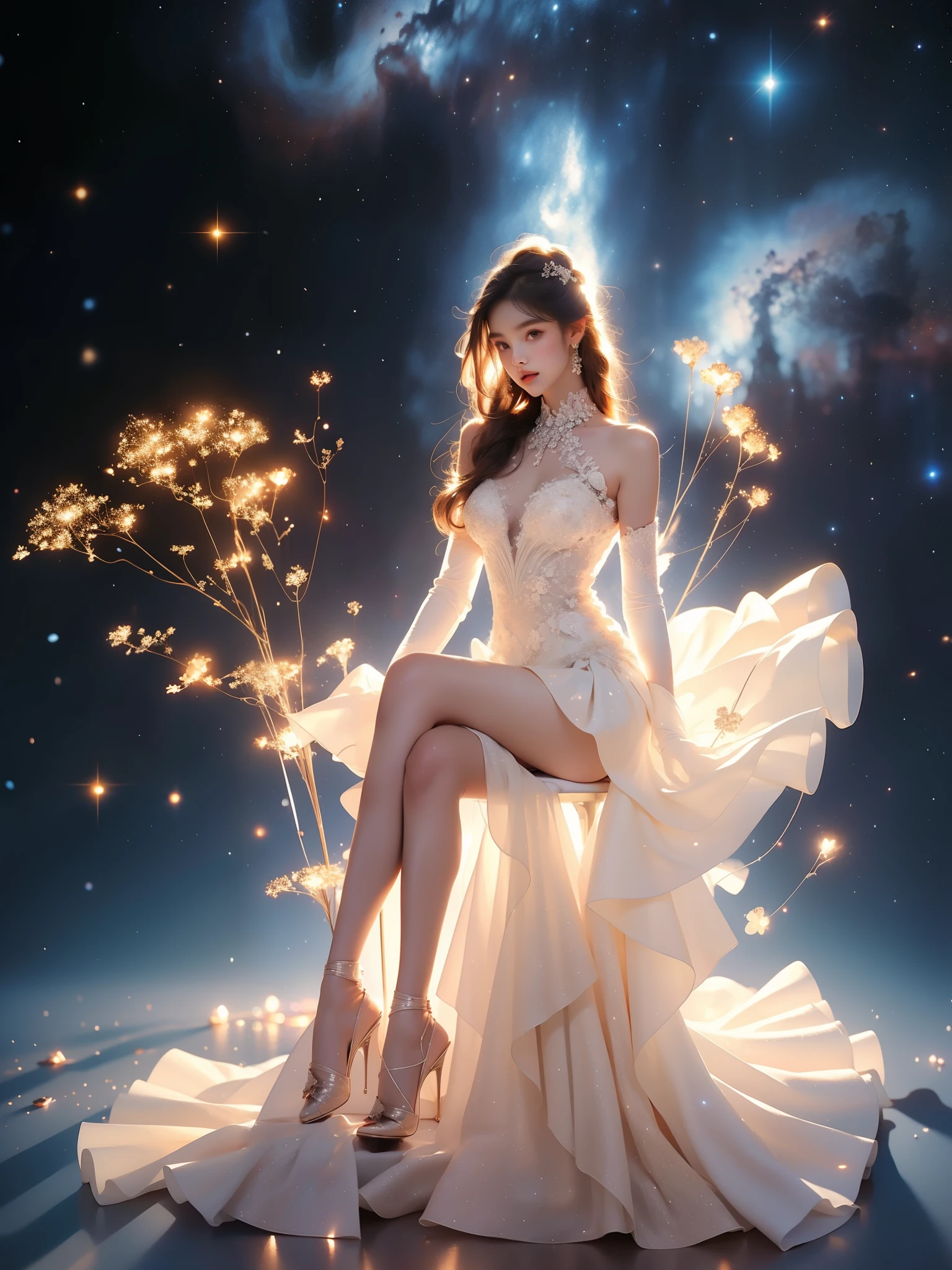 sh0rtj3w3lw3ddr3ss, elbow gloves, short wedding dress, pantyhose, see-through, ((full body shot)), (elegant seated pose:1.3), slim figure, short pleated skirt, S-curve posture. soft lighting, (night sky:1.2), (galaxy background:1.2), stars and nebula, cinematic composition, shallow depth of field, 8k quality