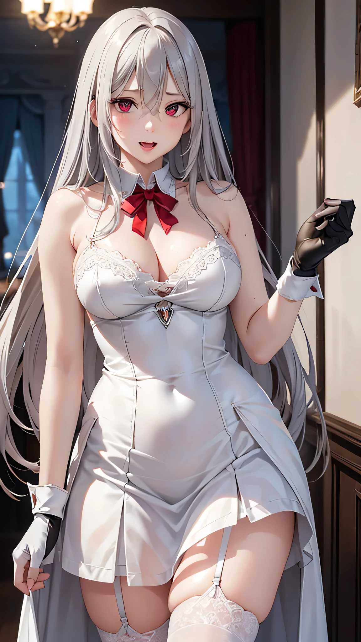 (masterpiece, best quality, extremely detailed CG, beautiful detailed eyes, ultra-detailed, {{{in the motel room}}}, intricate details: 1,2), 8K Wallpaper, elaborate assets, (1girl, alone : 1.4), standing, (anime style textures), very high resolution, (vibrant colors, dynamic lighting: 1.0), (high contrast: 0.8), cookie (Danmachi), breasts, long hair, blue ribbon, (twintails) , gloves, ribbon, dress, king no, himo, big breasts, blue eyes, black hair, (slim), white Gloves, cleavage, white dress, hair ribbon, bow, sleeves, sleeves dress, fringe, cropped neckline, ornament hair, bow tie, cutout clothes, very long hair, level dress, arm ribbon, (full body: 1.1), smile, cute, muscular legs, muscular belly, pants, stand, barefoot